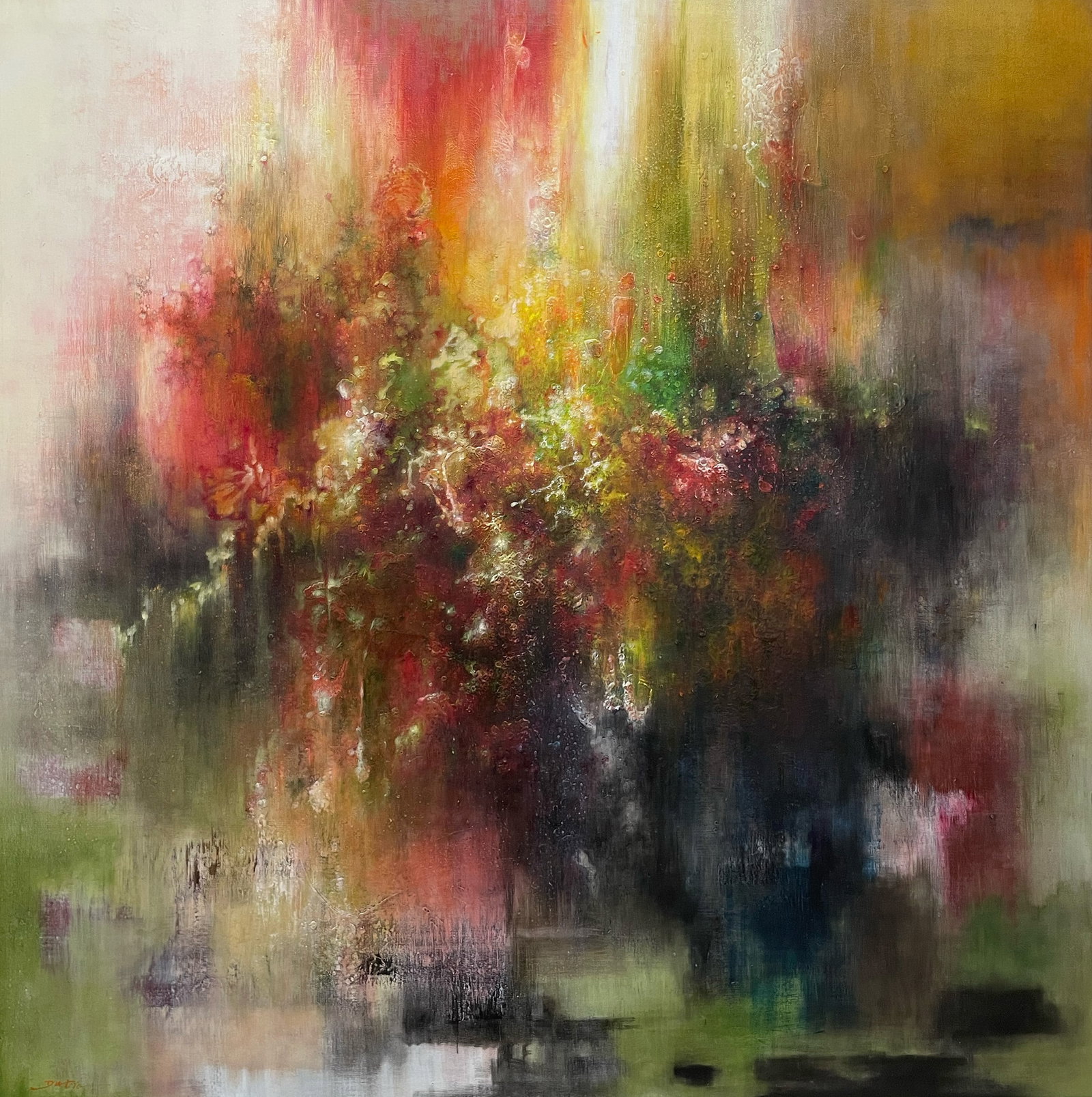 Dutra 58x58 Original Abstract Painting: Artist: Dutra Title: Ambient II Medium: Oil on Canvas Art Size: 58h x 58w Edition: Original Signature: Signed in pigment on the front, bottom left of the canvas. Artwork is stretched and gallery wrapp