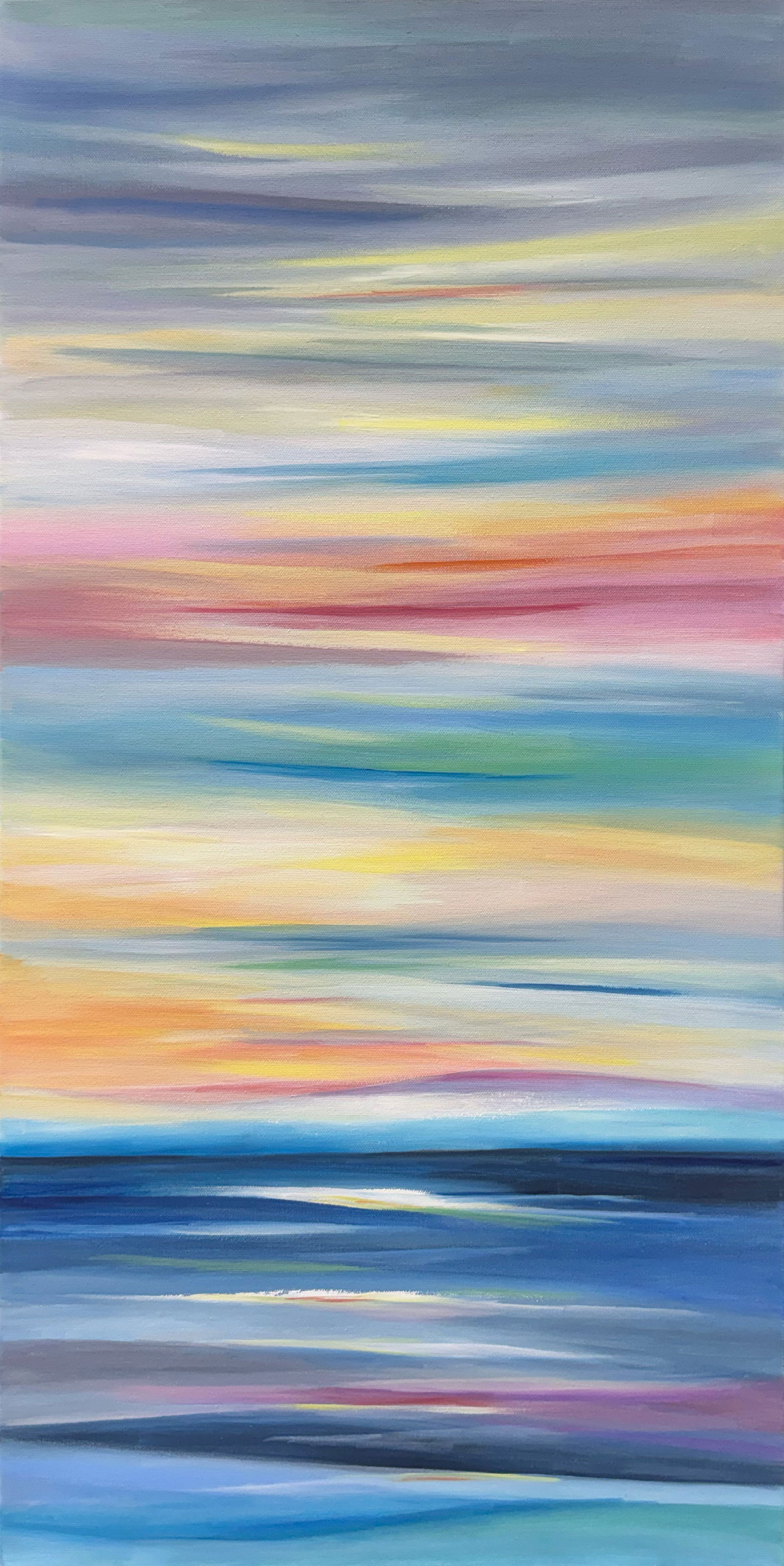 Alex Wheeler 36 H x 18 W Original Abstract Painting: Artist: Alex Wheeler (1996 - ) American Title: Sunrise Medium: Oil on Canvas Individual Size: 36 H x 18 W x 1.5 D Weight: 4 lbs. Signature: In Ink on Back of Canvas Artwork is gallery wrapped and str