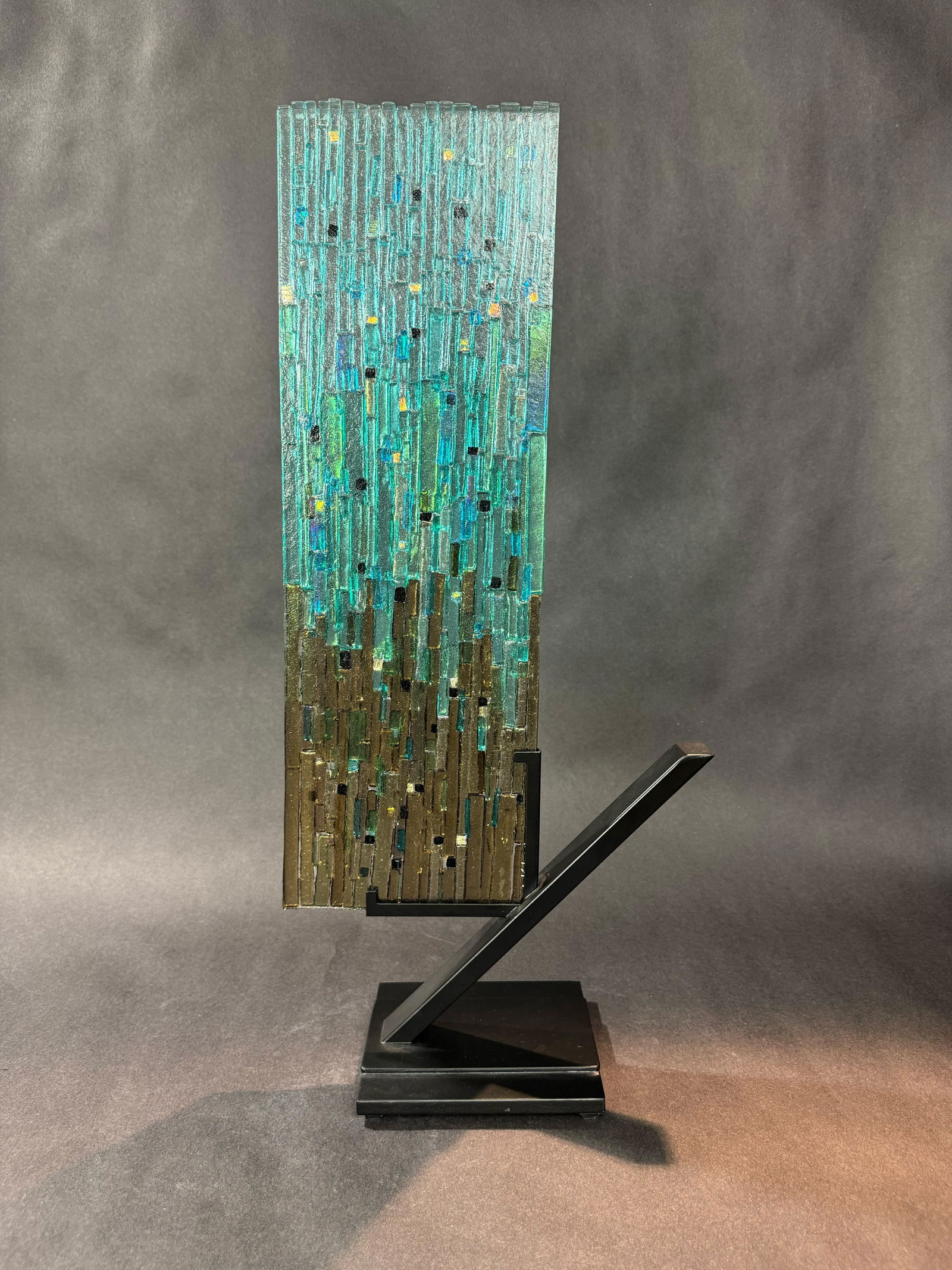 Alicia Kelemen 22 H x 10 W Sandy Sea Aqua II Glass Art Sculpture: Artist: Alicia Kelemen Title: Sandy Sea Aqua II Medium: Art Glass Signature: Lower corner of glass panel Sculpture Size: 22 h x 10 w x 5 D Weight: 6.5 lbs. Fused glass sculpture with a distinctive tex
