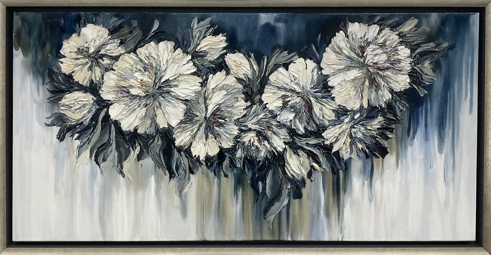 Anastasiya Skryleva 28 H x 52 W Original Floral Painting: Artist: Anastasiya Skryleva (b.1997 - ) Ukrainian Title: Falling For You Medium: Oil on Canvas Artwork Size: 24h x 48w Framed Size: 28h x 52w Item Weight: 11.25 lbs. Edition: Original Signature: Sign