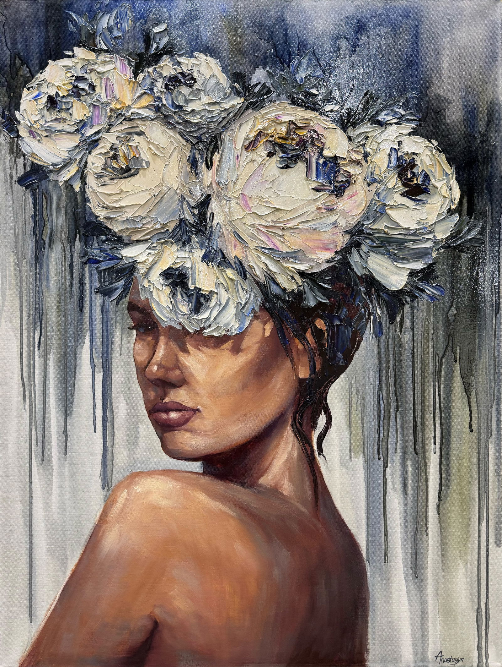 Anastasiya Skryleva 48 H x 36 W Original Figurative/Floral Painting: Artist: Anastasiya Skryleva (b.1997 - ) Ukrainian Title: Repose Medium: Oil on Canvas Artwork Size: 48h x 36w Item Weight: 10 lbs. Edition: Original Signature: Signed in paint on the front, bottom ri