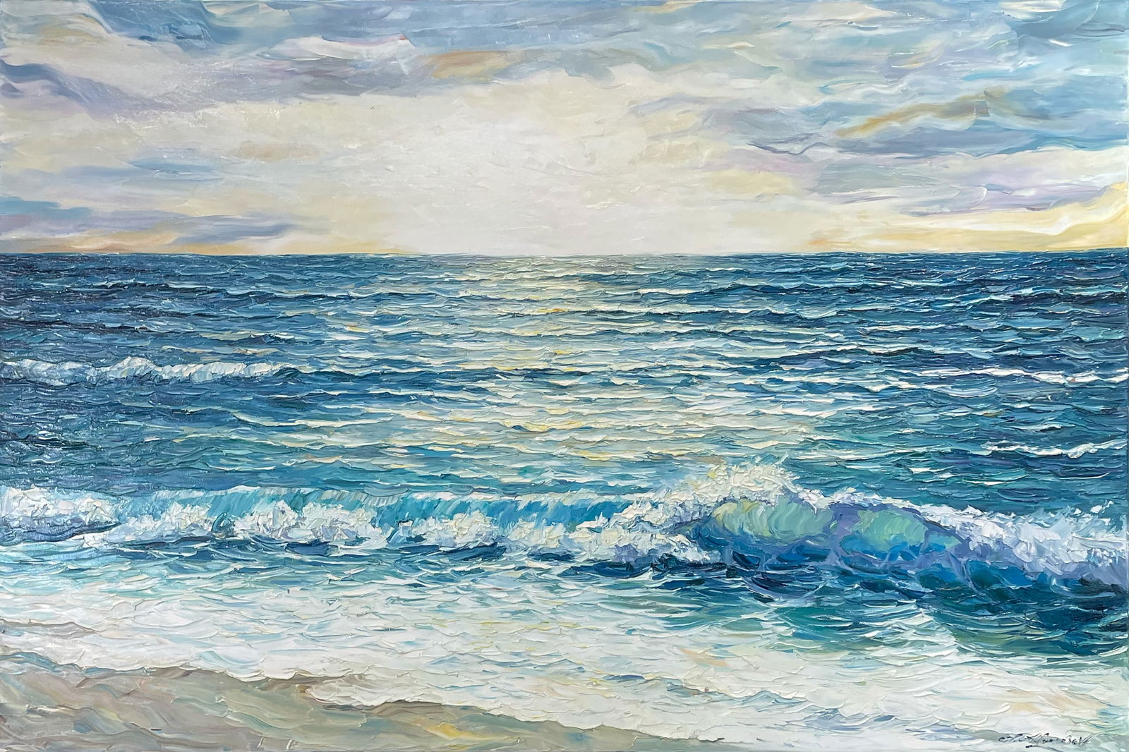 Andrii Afanasiev 48 H x 72 W Original Seascape Painting: Artist: Andrii Afanasiev (b.1977-) Ukrainian Title: Wave Break Medium: Oil on Canvas Canvas Size: 48 h x 72 w x 2 D Weight: 20 lbs. Edition: Original Signature: Front, bottom right corner Gallery cer