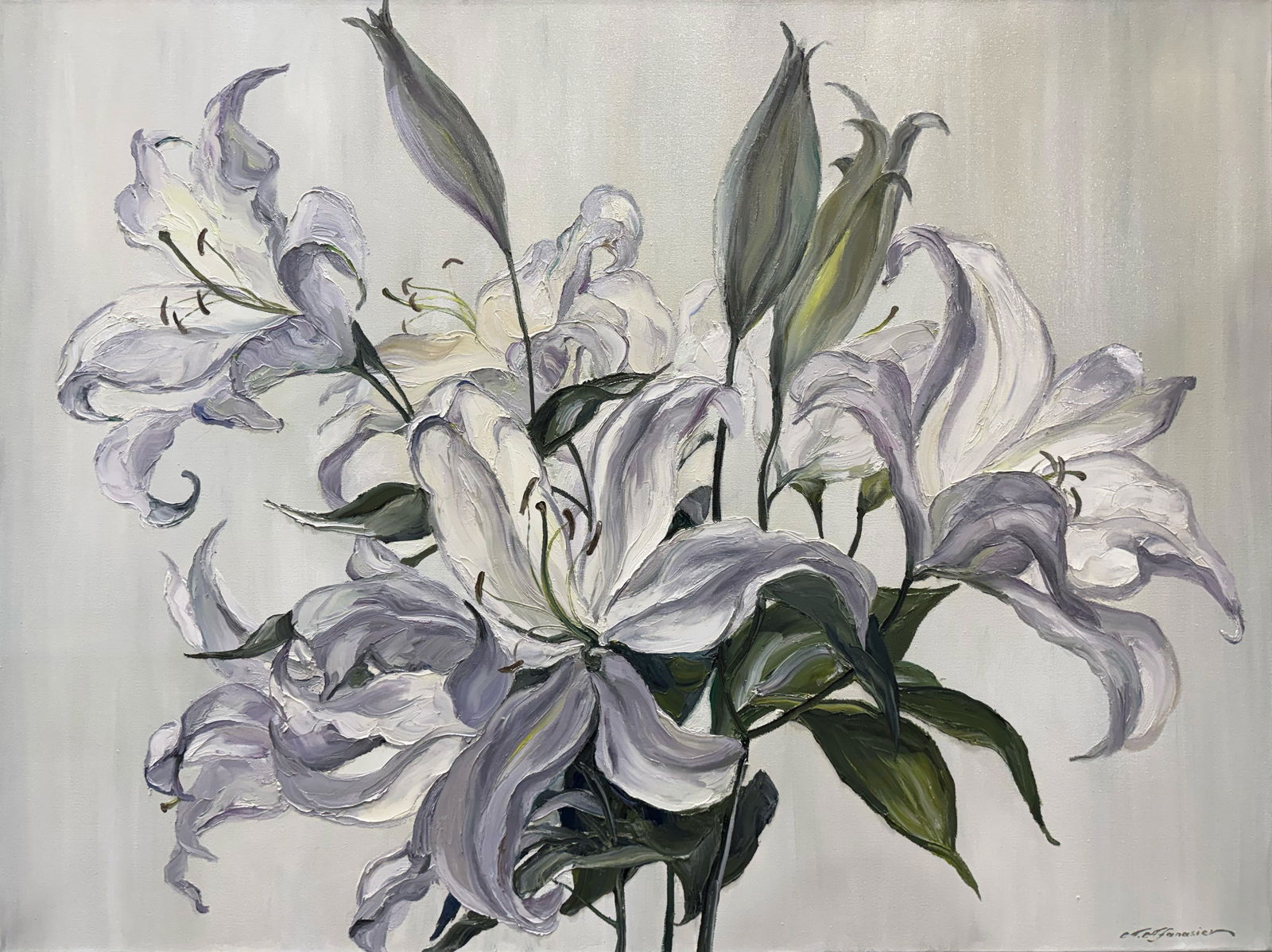 Andrii Afanasiev 36 H x 48 W Original Floral Painting: Artist: Andrii Afanasiev (b.1977-) Ukrainian Title: Stargazers Medium: Oil on Canvas Canvas Size: 36 h x 48 w Weight: 9 lbs. Edition: Original Signature: Front, bottom right corner Gallery certificat