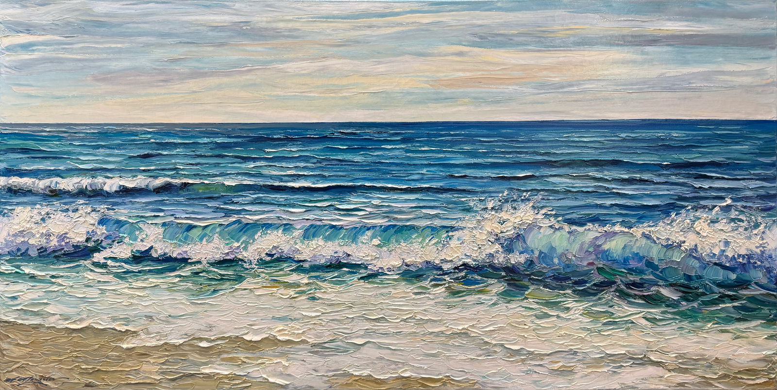 Andrii Afanasiev 36 H x 72 W Original Seascape Painting: Artist: Andrii Afanasiev (b.1977-) Ukrainian Title: Ocean Waves Medium: Oil on Canvas Canvas Size: 36 h x 72 w x 2 D Weight: 15 lbs. Edition: Original Signature: Front, bottom left corner Gallery cer