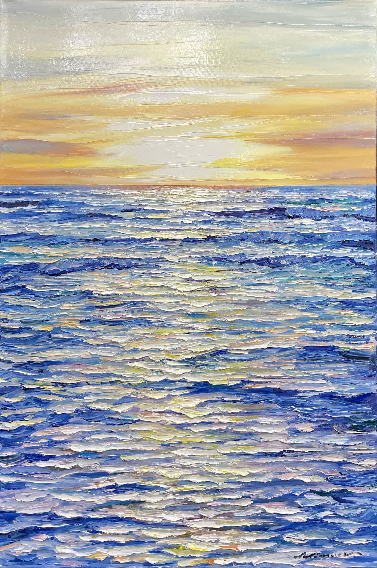 Andrii Afanasiev 36 H x 24 W Original Seascape Painting: Artist: Andrii Afanasiev (b.1977-) Ukrainian Title: New Horizons Medium: Oil on Canvas Canvas Size: 36 H x 24 W x 1.5 D Weight: 6 lbs. Edition: Original Signature: Front, bottom right corner Gallery