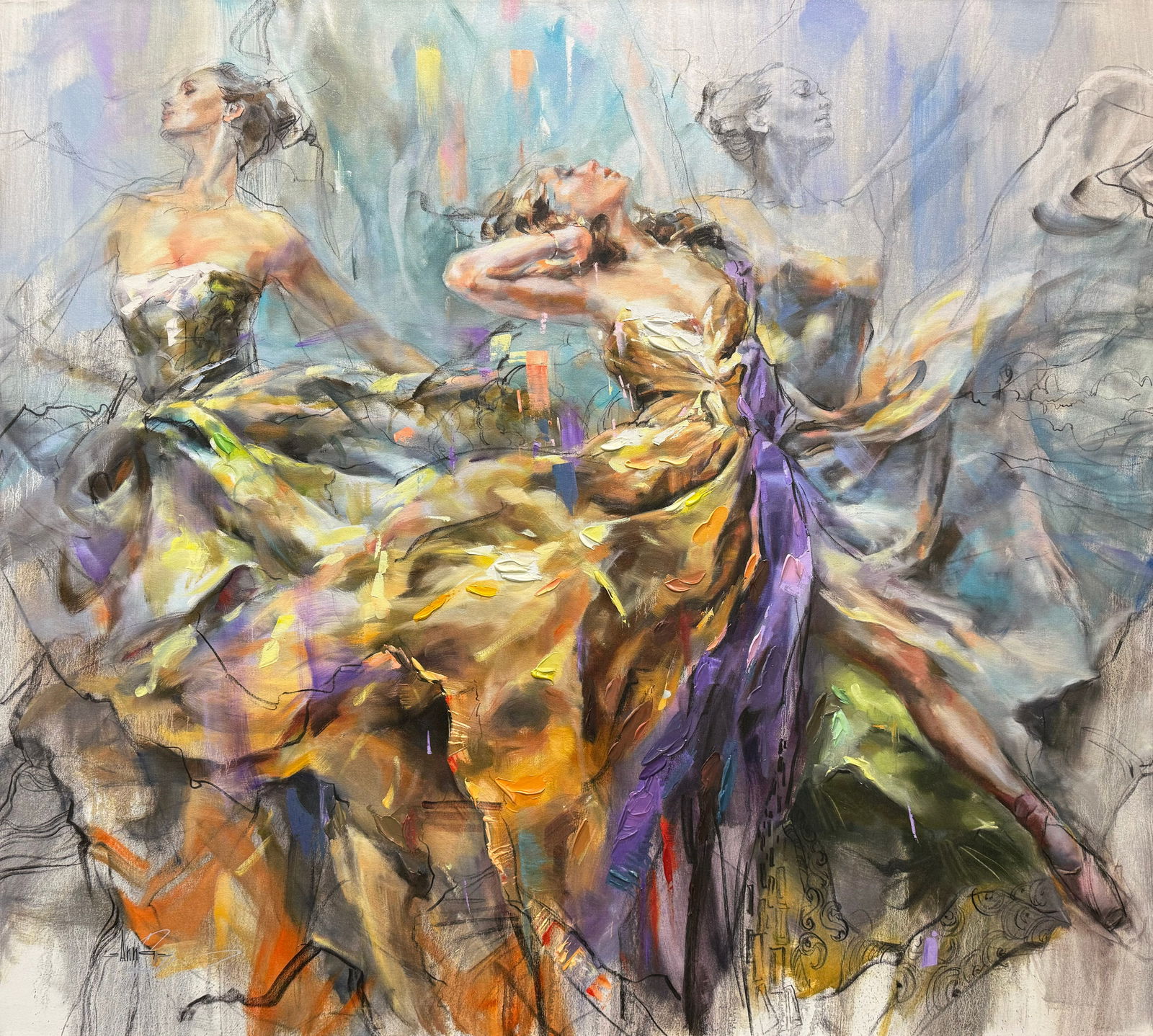 Anna Razumovskaya 50.75 H x 56.5 W Embellished Retired 19/50 LE: Artist: Anna Razumovskaya (b.1962-) Russian Title: Loving the Spin Medium: Giclee on Canvas Artwork Size: 50.5 h x 56.5 w X 1 d Weight: 10 lbs. Edition: 19/50 Signature: Front, bottom right corner Ga