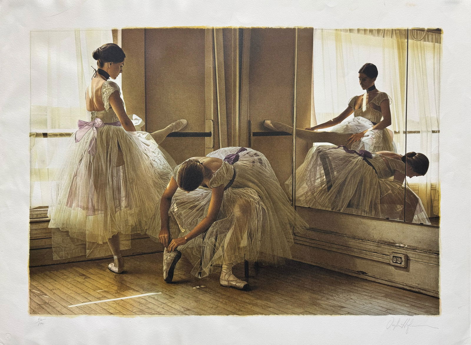 Douglas Hofmann "Afternoon Rehearsal" 27 H x 36.5 W Signed and Numbered Lithograph: Artist: Douglas Hofmann Title: Afternoon Rehearsal Medium: Lithograph on Paper Framed Size: 27 H x 36.5 W Weight: 1 lbs Edition: 50/100 Artwork is unframed. This evocative artwork captures a quiet beh