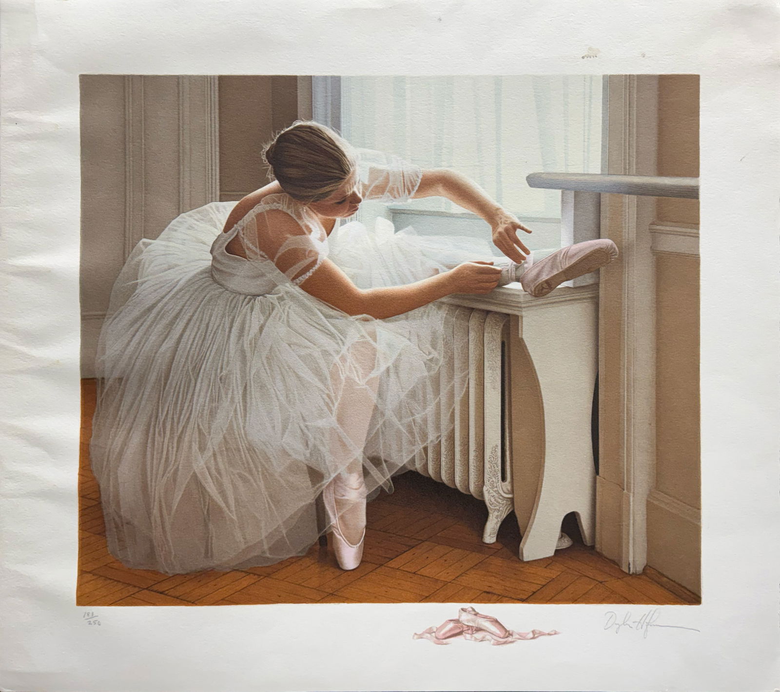 Douglas Hofmann "Satin Slippers (The Ballerina)" 27.25 H x 30 W Signed and Numbered Lithograph: Artist: Douglas Hofmann Title: Satin Slippers (The Ballerina) Medium: Lithograph on Paper Framed Size: 27.25 H x 30 W Weight: 0.5 lbs.Edition: 2183/250 Artwork is unframed. This graceful artwork captu