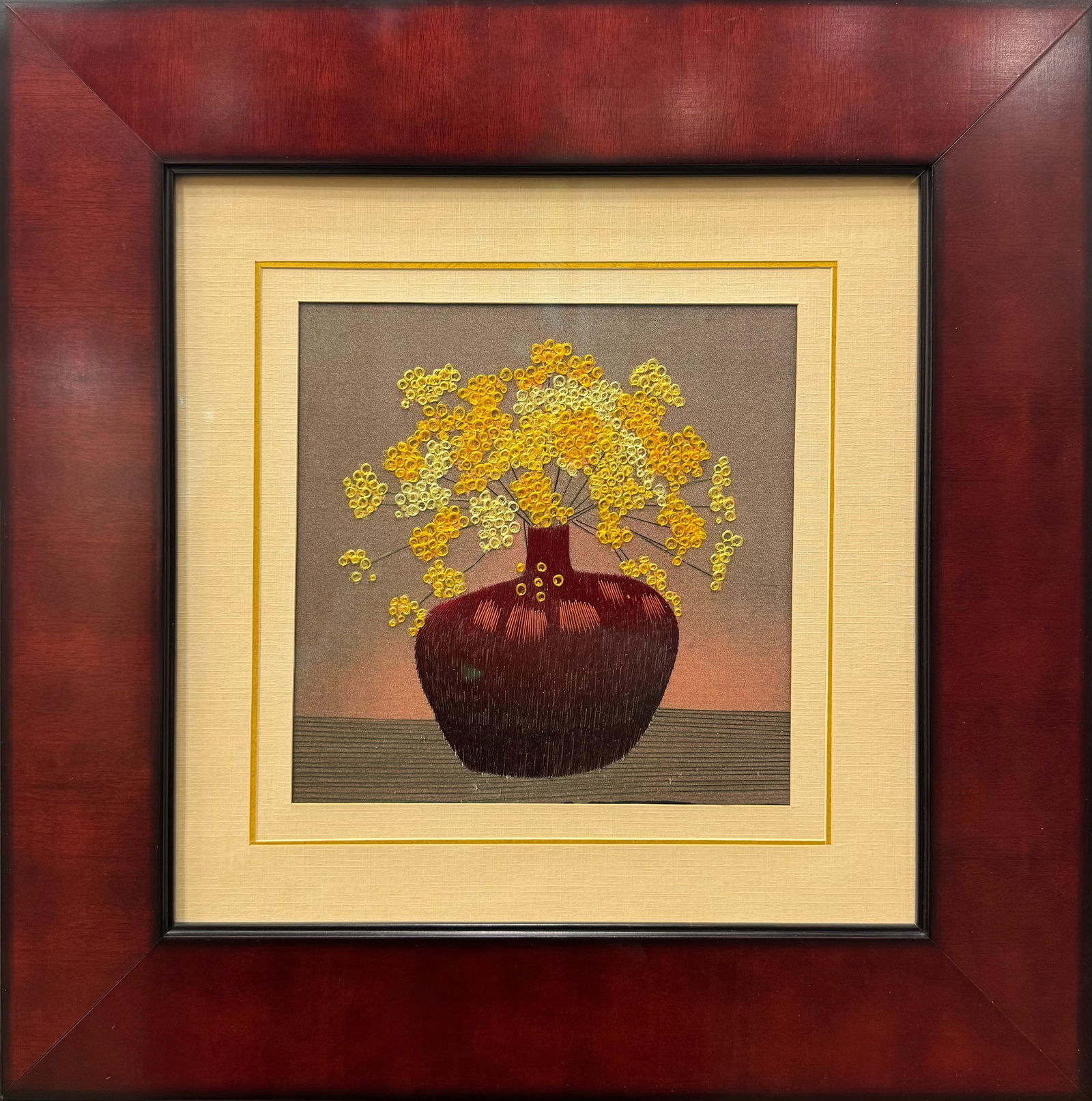 17 H x 17 W Original Floral Embroidery: Artist: Unknown Title: Untitled Medium: Silk Embroidery Individual Size: 17 H x 17 W x 1.5 D Weight: 4 lbs. Signature: Unsigned Artwork is framed in a solid wood frame with red wood finish, ready to