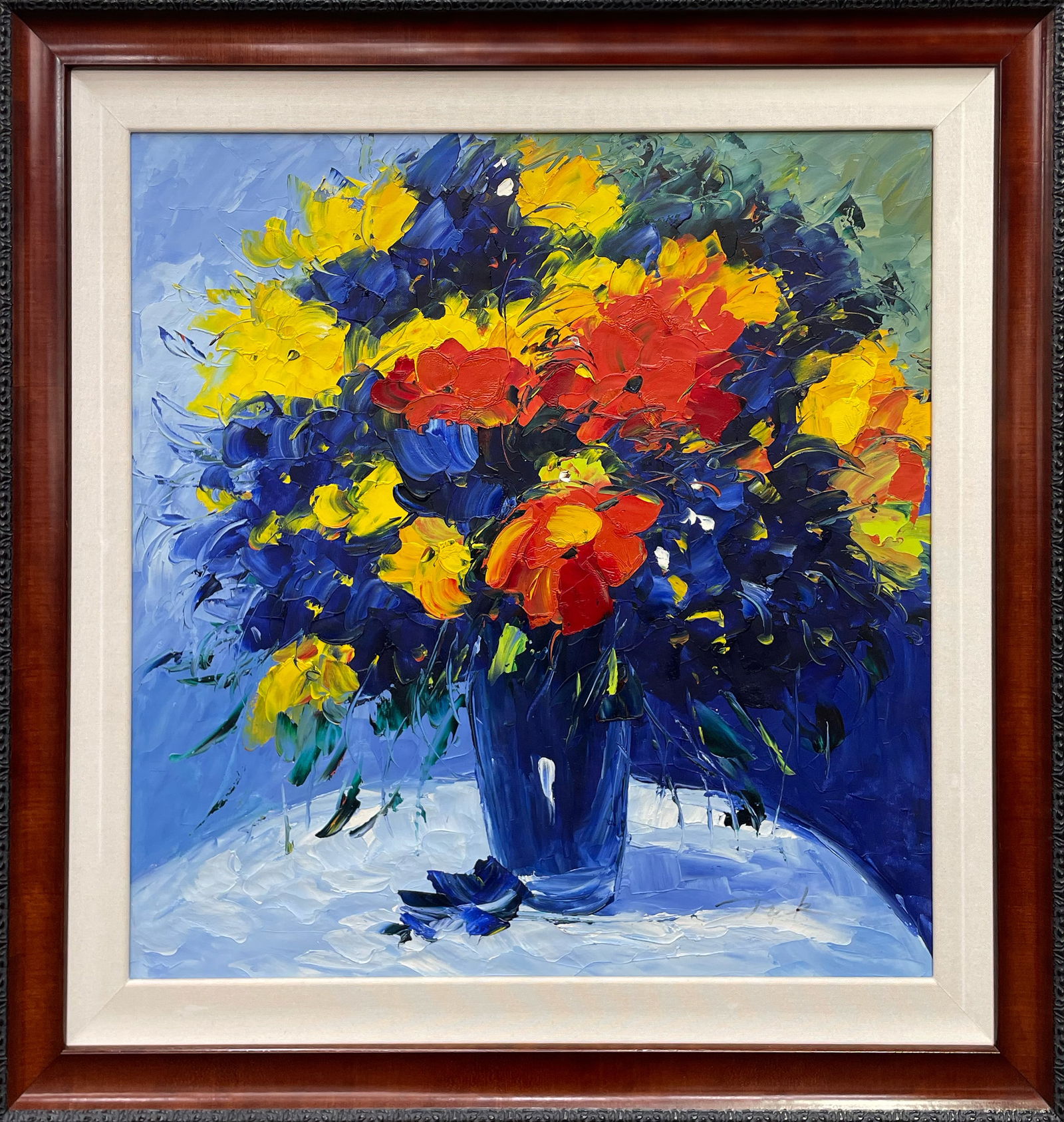 32.5 H x 32.5 W Original Floral Painting: Artist: Unknown Title: Untitled Medium: Oil on Canvas Framed Size: 32.5 H x 32.5 W Weight: 7 lbs. Signature: Front, bottom right corner Artwork is framed in a solid wood frame with linen liner, ready