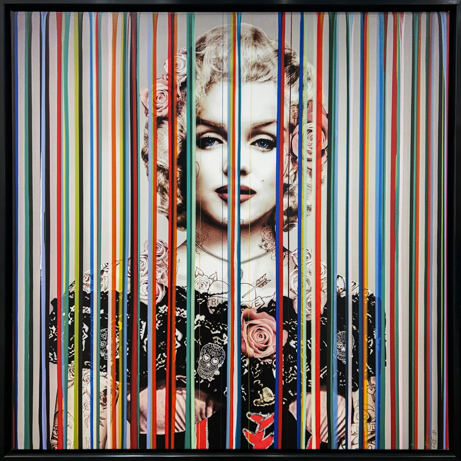 Srinjoy 42 x 42 Framed Giclee Marilyn LE: Artist: Srinjoy Gangopadhyay (b.1986-) Indian Title: Imperfect Beauty Medium: Giclee on Canvas Artwork Size: 40 H x 40 W Framed Size: 42 H x 42 W x 2 D Edition: 2/75 Weight: 12.5 lbs. each Signature: