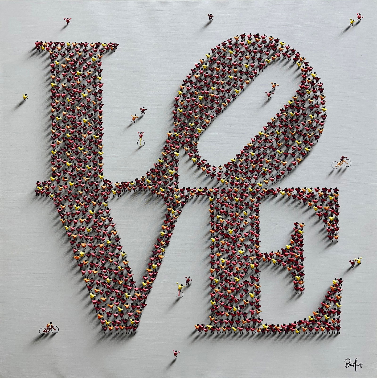 Francisco Bartus 39.5 H x 39.5 W LOVE Original Painting: Artist: Francisco Bartus (b.1965) Spanish Title: L.O.V.E. Medium: Mixed Media on Canvas Artwork Size: 39.5 W x 39.5 H Edition: Original Signature: Signed on bottom right corner. Gallery certificate of