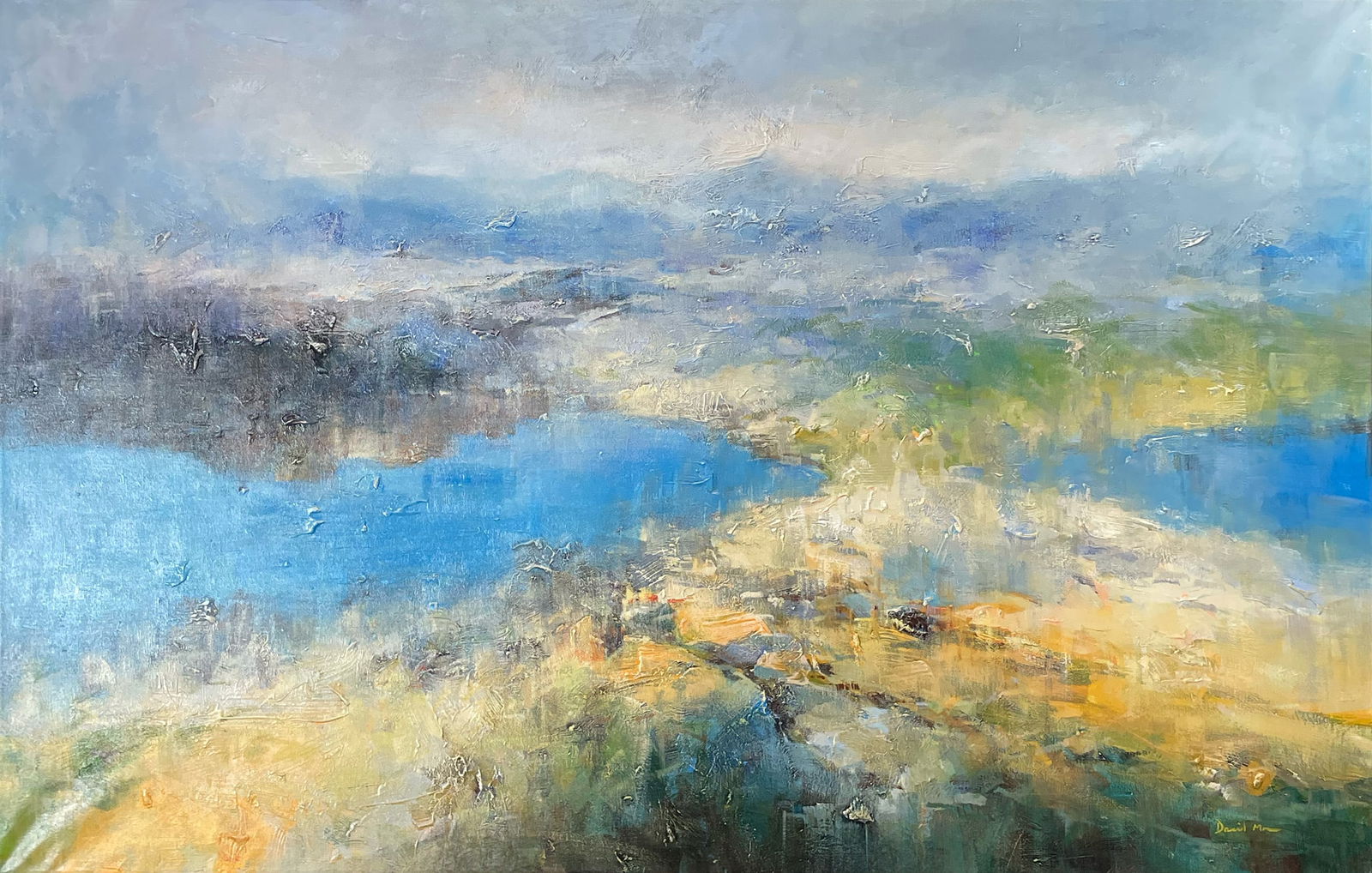 David Ma 46 H x 72 W Original Abstract Seascape Painting: Artist: David Ma (b.1956-) Chinese Title: Lake Reflections Medium: Oil on Canvas Canvas Size: 46 H x 72 W x 1.5 D Weight: 14 lbs. Edition: Original Signature: Front, bottom right corner Gallery certi