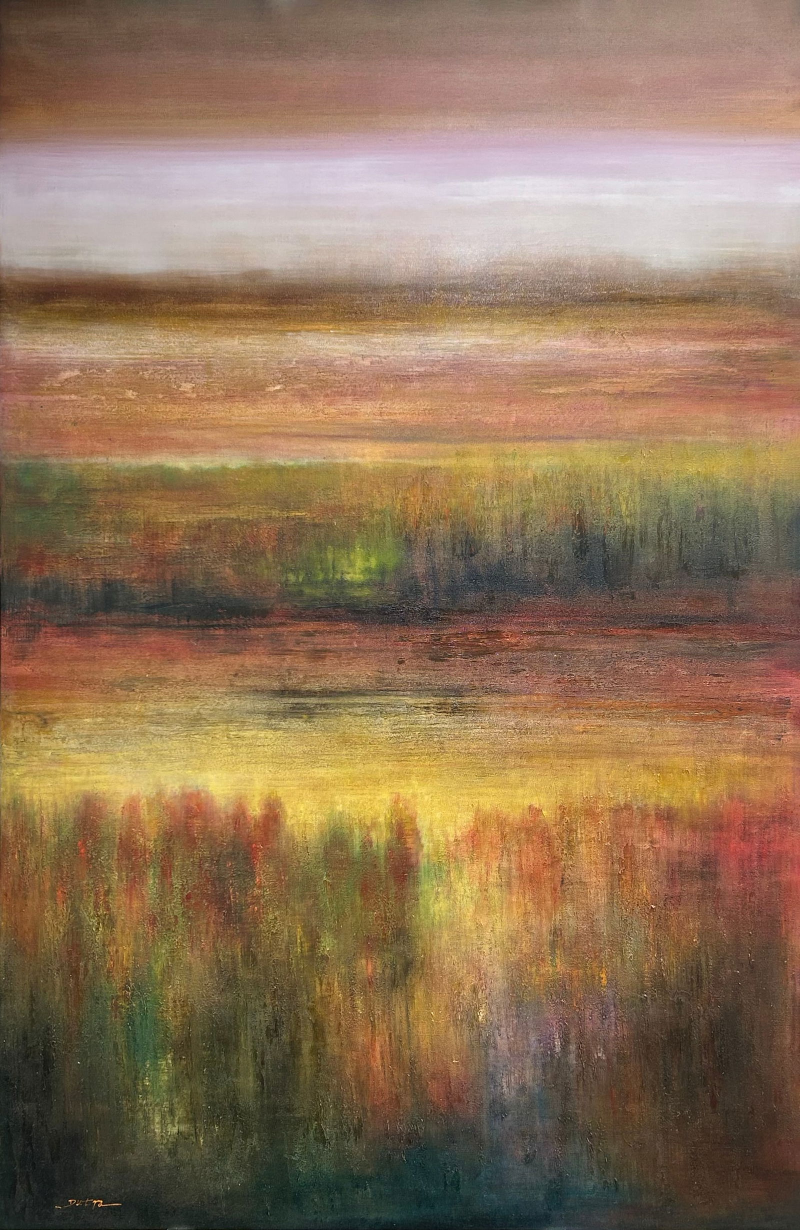 Dutra 71 H x 47 W Original Abstract Landscape Painting: Artist: Dutra Title: In the Wake of Time Medium: Oil on Canvas Artwork Size: 71 H x 47 W Weight: 11 lbs. Signature: Bottom left corner Artwork is gallery wrapped and stretched on solid wood stretcher