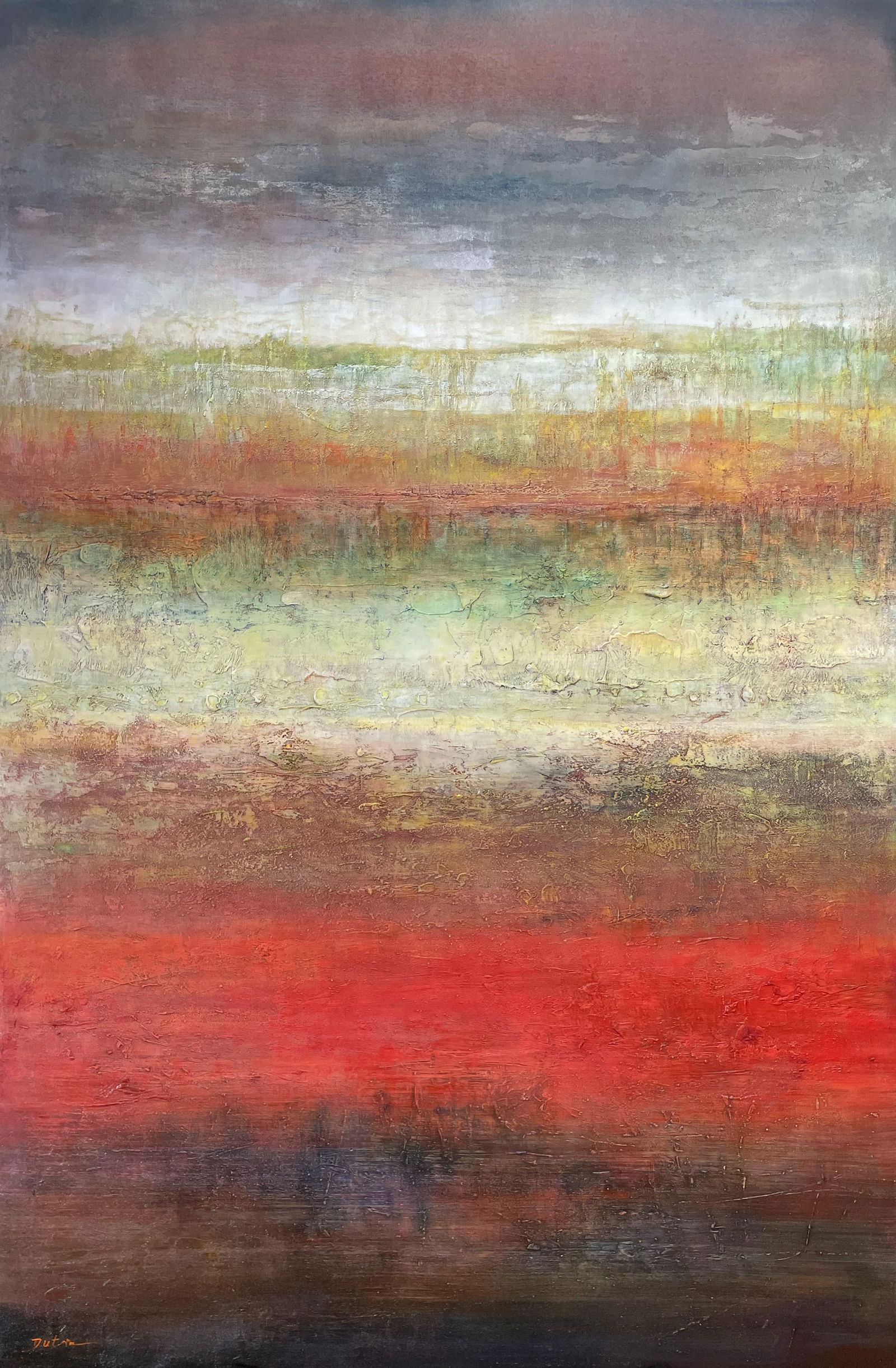 Dutra 71 H x 47 W Original Abstract Painting: Artist: Dutra Title: Eclipsing Horizons Medium: Oil on Canvas Artwork Size: 71 H x 47 W Weight: 13 lbs. Signature: Bottom left corner Artwork is gallery wrapped and stretched on solid wood stretcher
