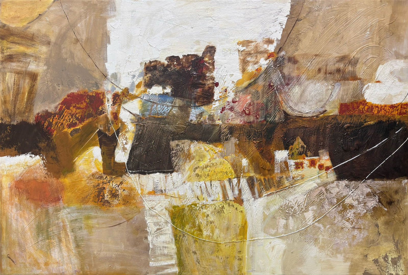 Giovanni 48 H x 72 W Original Abstract Painting: Artist: Giovanni Title: Wanderings Medium: Oil on Canvas Canvas Size: 48 H x 72 W x 1.5 D Weight: 13 lbs. Edition: Original Signature: Front, bottom left corner Artwork is gallery wrapped on wood str