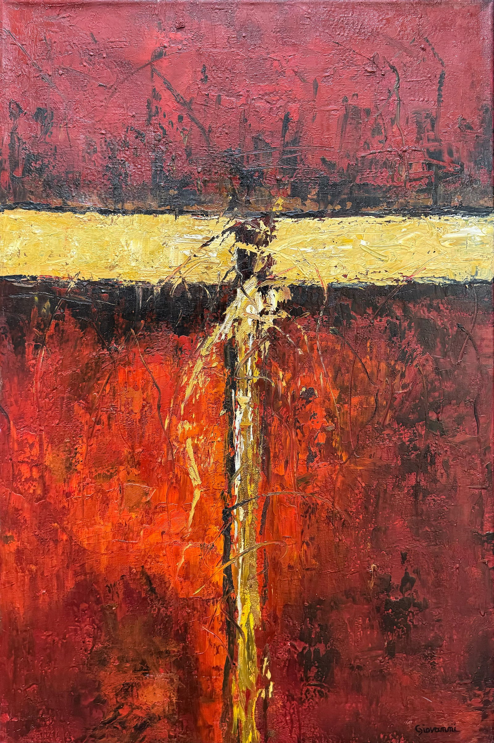 Giovanni 36 H x 24 W Original Abstract Painting: Artist: Giovanni Title: Red Tranquility Medium: Oil on Canvas Canvas Size: 36 H x 24 W x 1.5 D Weight: 4 lbs. Edition: Original Signature: Front, bottom right corner Artwork is stretched on wood stre