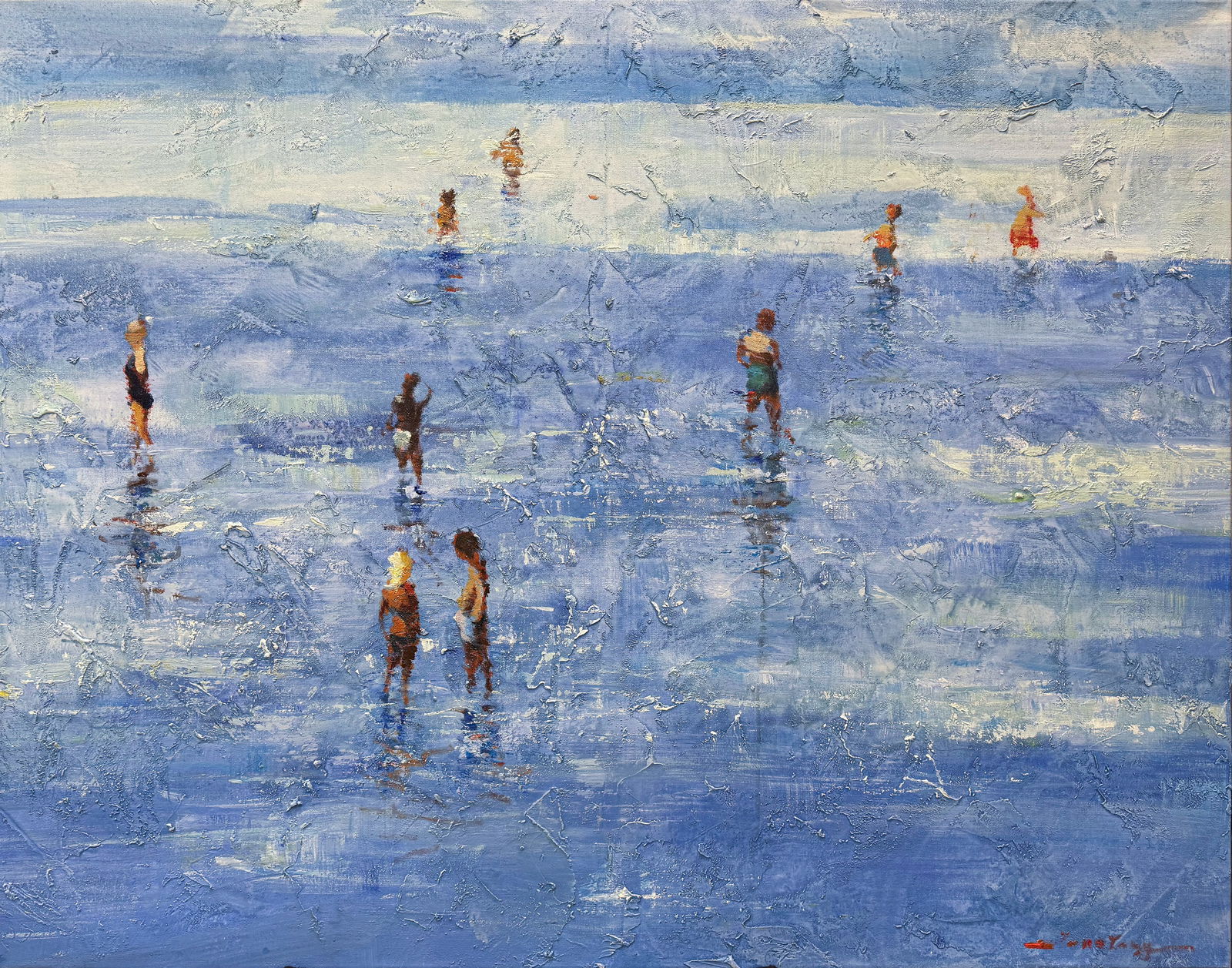 Jenny Yang 45 H x 57 W Seascape Beach Original Painting: Jenny Yang Title: Day at the Beach Medium: Oil on Canvas Canvas Size: 45 H x 57 W Weight: 11 lbs. Edition: Original Signature: Signed in bottom left corner. Artwork is gallery wrapped with a solid wo
