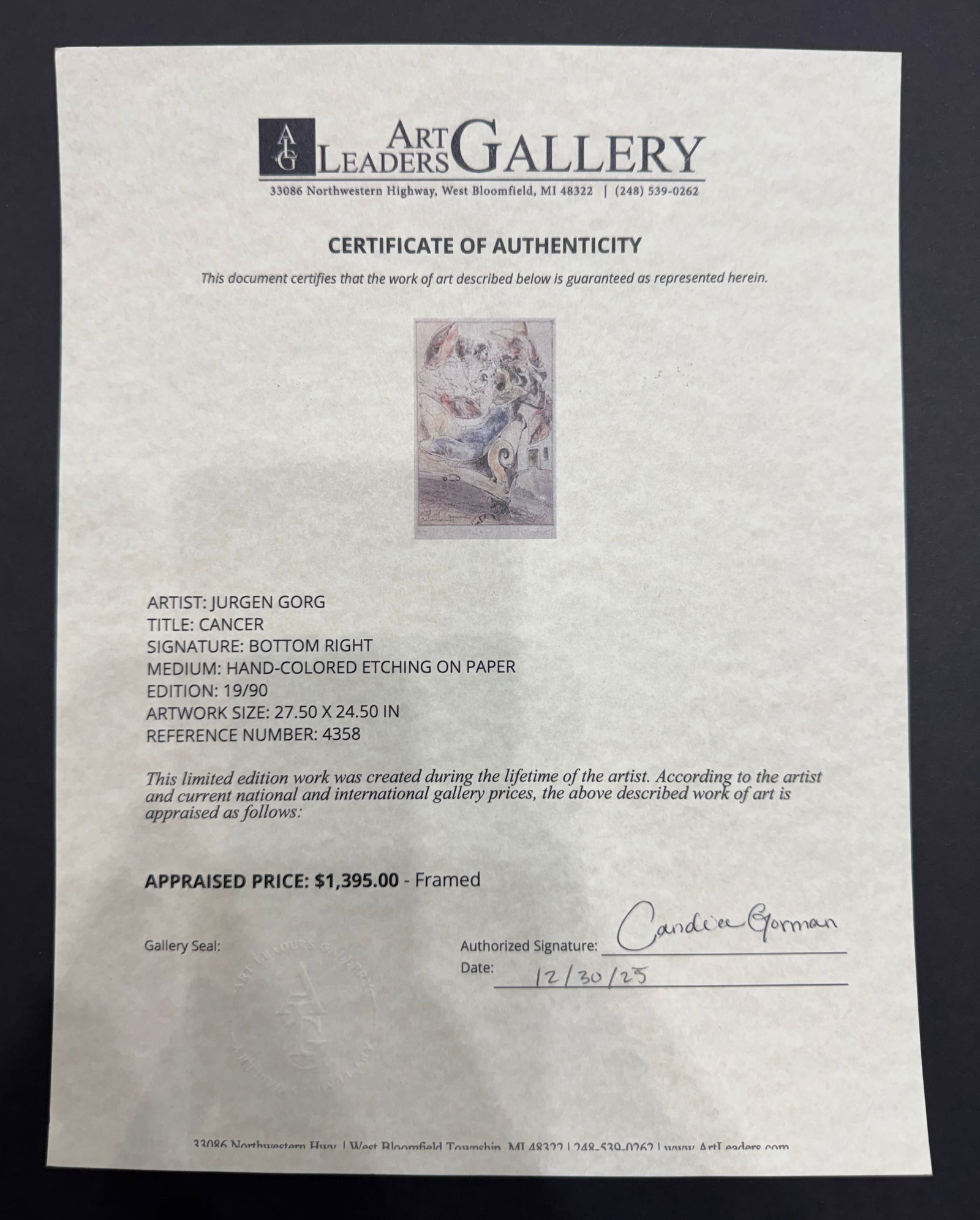 Jurgen Gorg 27.5 H x 24.5 W Cancer Framed Etching - 10