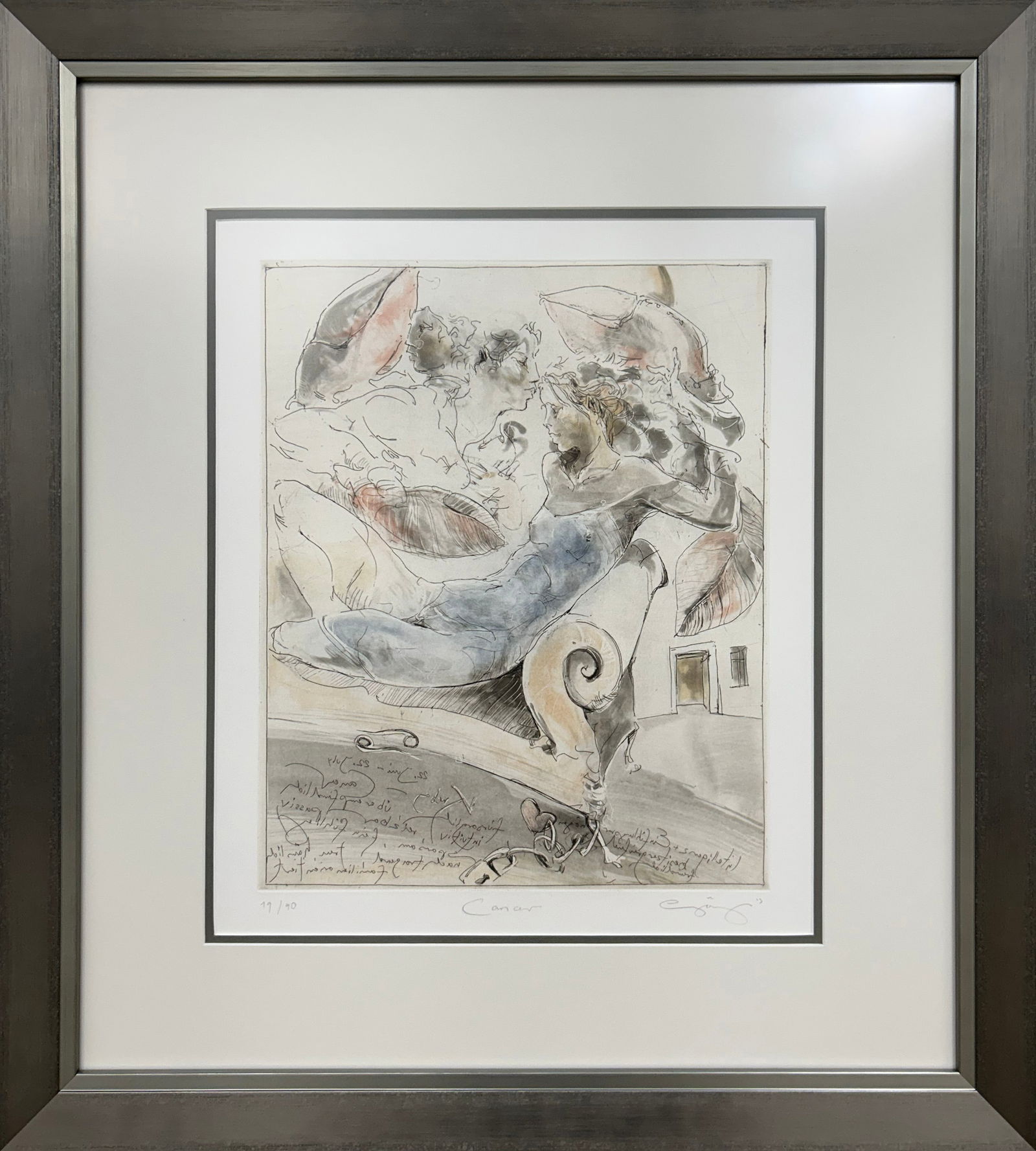Jurgen Gorg 27.5 H x 24.5 W Cancer Framed Etching: Artist: Jurgen Gorg (b.1951 - ) German Title: Cancer Medium: Hand-Colored Etching on Paper Artwork Size: 15.5 h x 12.5 w Framed Size: 27.5 h x 24.5 w x 1 d Item Weight: 8.5 lbs. Edition: 19/90 Signatu