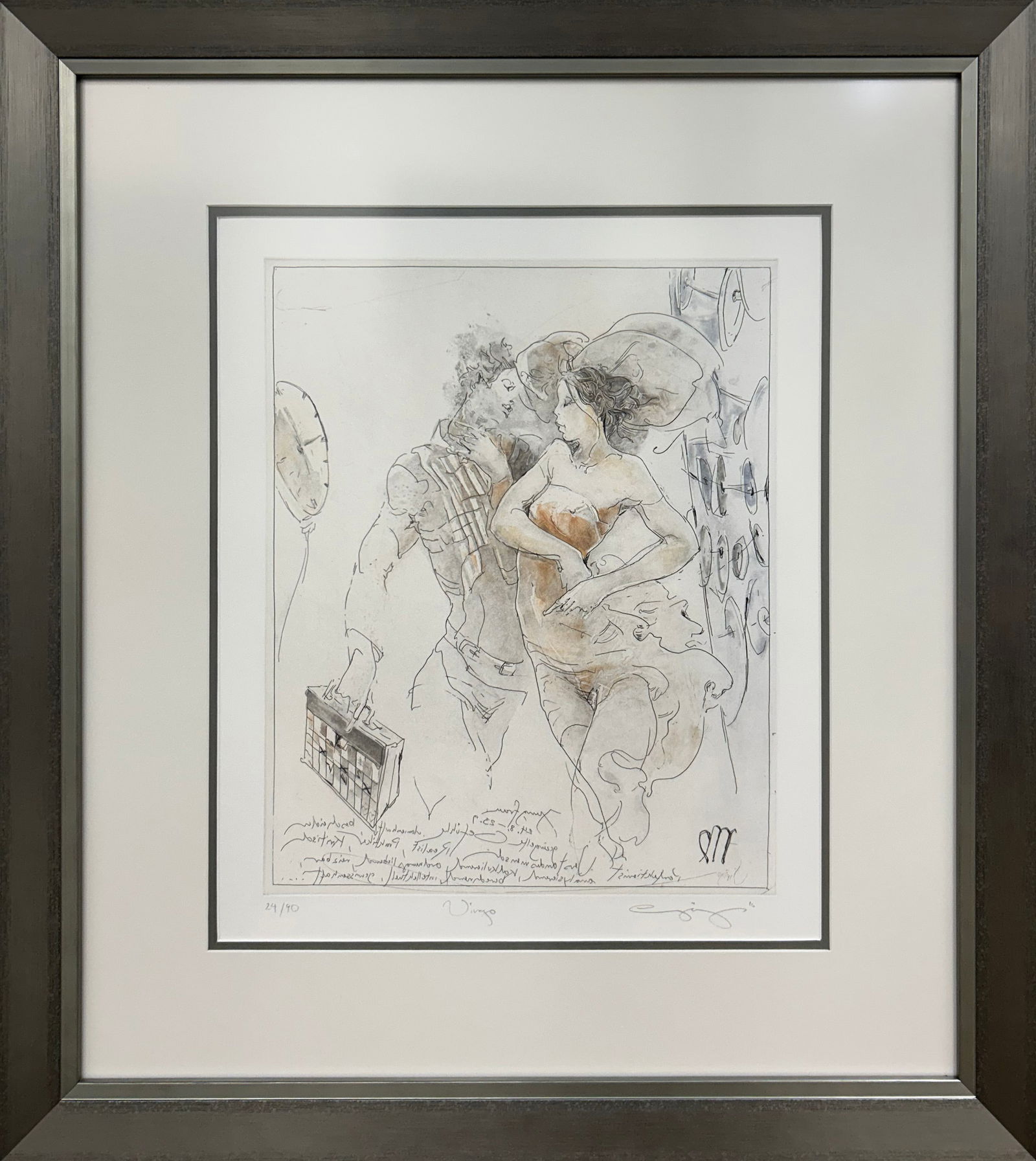 Jurgen Gorg 27.5 H x 24.5 W Virgo Framed Etching: Artist: Jurgen Gorg (b.1951 - ) German Title: Virgo Medium: Hand-Colored Etching on Paper Artwork Size: 15.5 h x 12.5 w Framed Size: 27.5 h x 24.5 w x 1 d Item Weight: 8.5 lbs. Edition: 24/90 Signatur