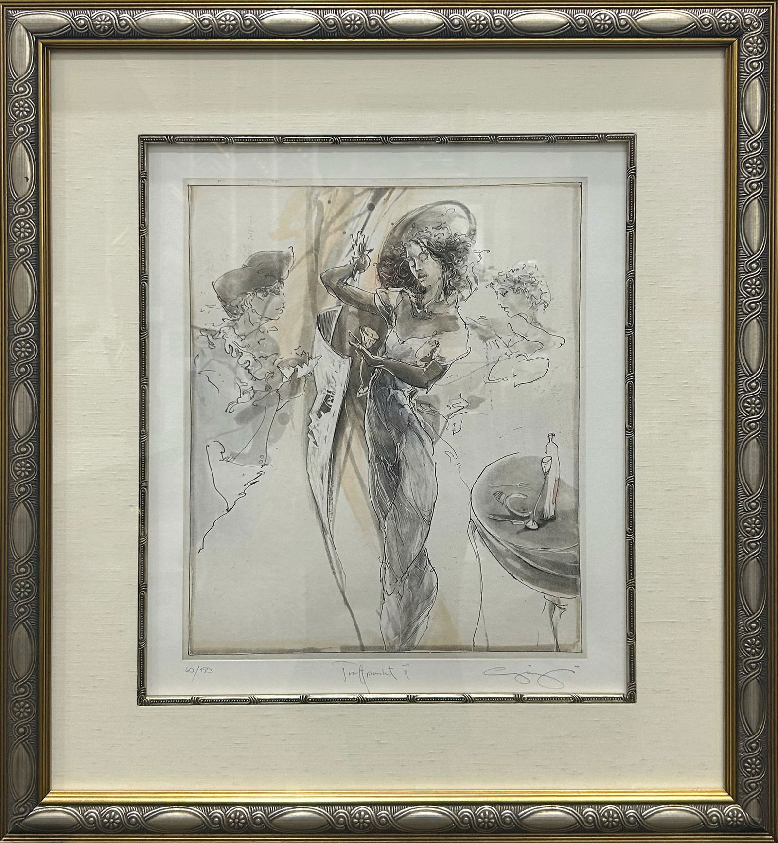 Jurgen Gorg 26.75 H x 23.5 W Treffpunkt ll Framed Etching: Artist: Jurgen Gorg (b.1951 - ) German Title: Treffpunkt II Medium: Hand-Colored Etching on Paper Artwork Size: 23 h x 19 w Framed Size: 26.75 h x 23.5 w Item Weight: 8 lbs. Edition: 60/150 Signature: