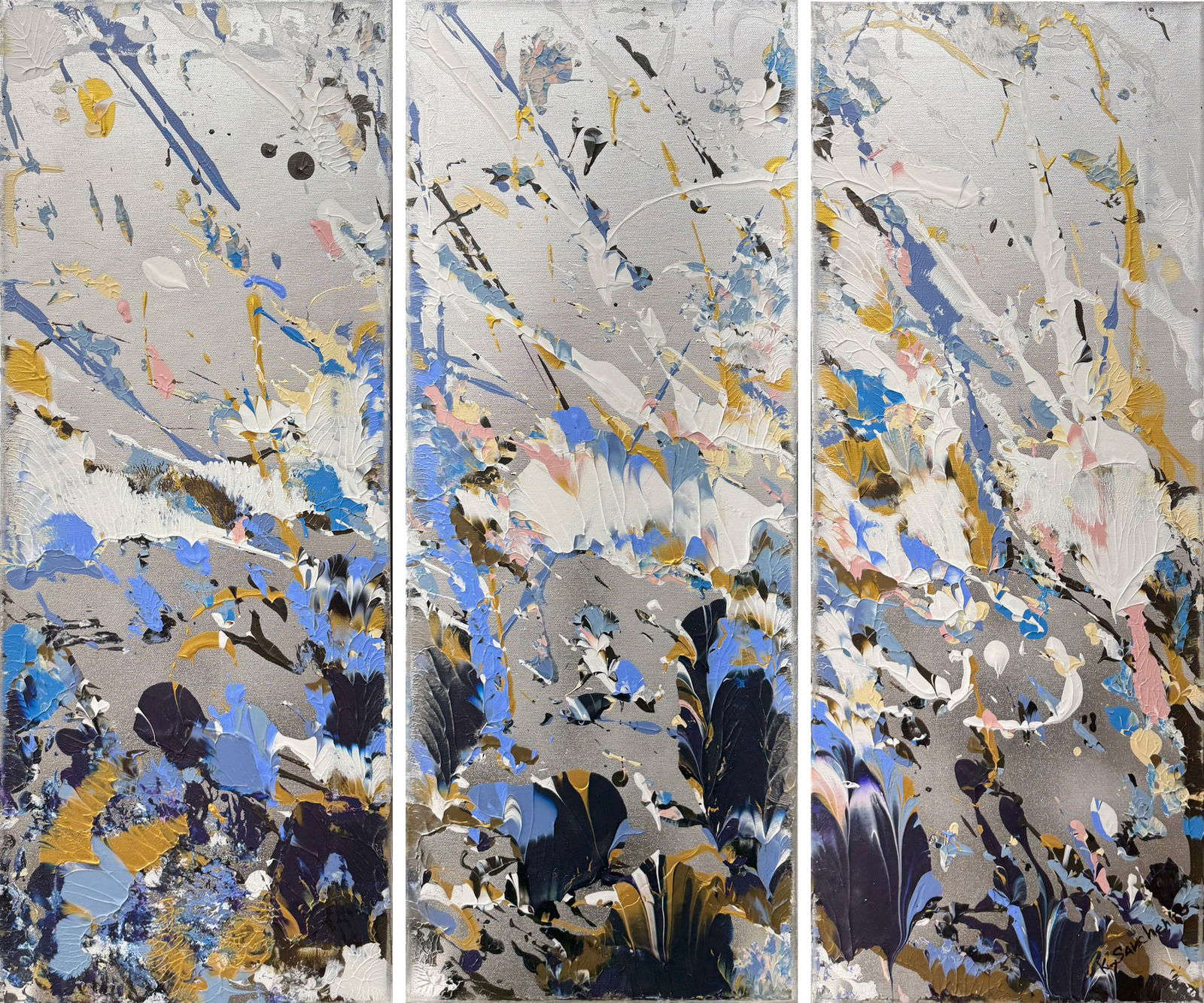 Konstantin Savchenko 30 H x 35.25 W Original Abstract Triptych Paintings: Artist: Konstantin Savchenko (b.1968-) Ukrainian Title: Wispy Meadows Triptych Medium: Acrylic on Canvas Individual Size: 30 H x 11.25 W x 1.5 D Weight: 6 lbs. Signature: Bottom right corner of third