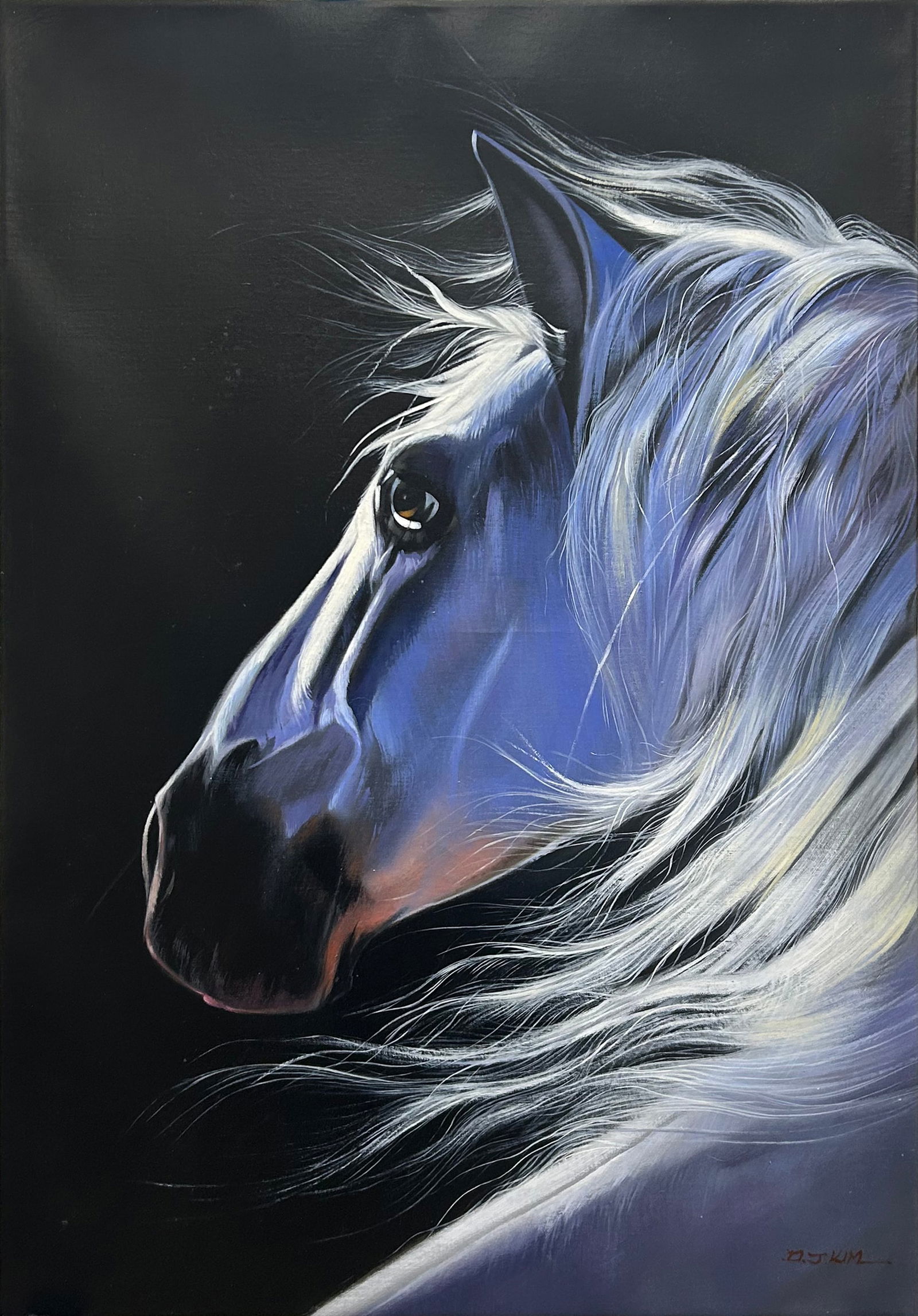DJ Kim 36 H x 24 W Horse Original Painting: Artist: DJ Kim Title: Shadowfax Medium: Oil on Canvas Artwork Size: 36 h x 24 w Weight: 4.5 lbs. Edition: Original Signature: Front, bottom right corner Gallery certificate of authenticity is included