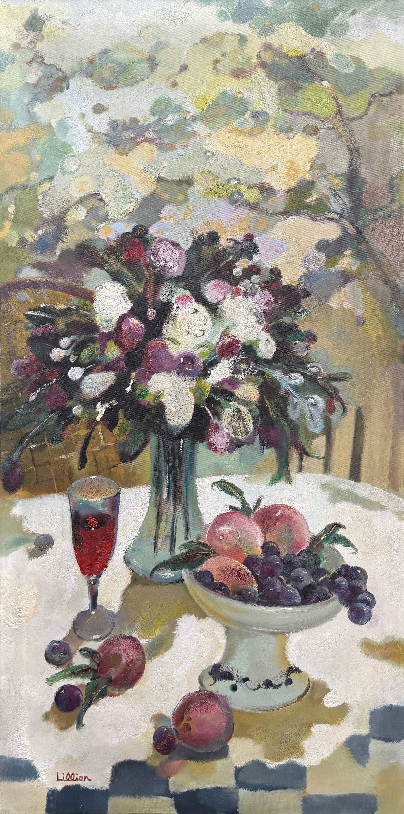 Lillian 48 H x 24 W Original Still Life Painting: Artist: Lillian Title: Spring Bouquet with Fruit Medium: Oil on Canvas Artwork Size: 48 H x 24 W x 0.5 D Weight: 4 lbs. Edition: Original Signature: Signed in bottom left corner. Original gallery cer