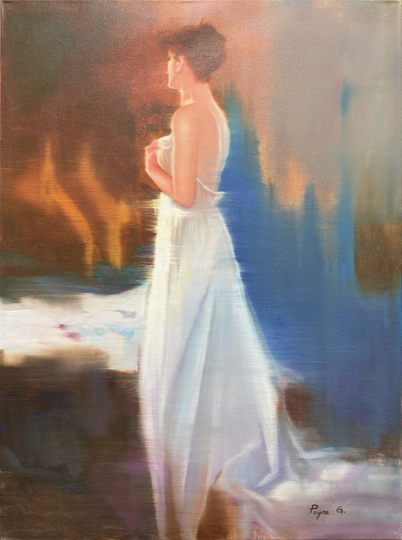 Payne G 40 H x 30 W Original Figurative Painting: Artist: Payne G. Title: Morning Splendor Medium: Oil on Canvas Artwork Size: 40 H x 30 W x 1 D Weight: 4 lbs. Edition: Original Signature: Signed in bottom right corner. Artwork is gallery wrapped an