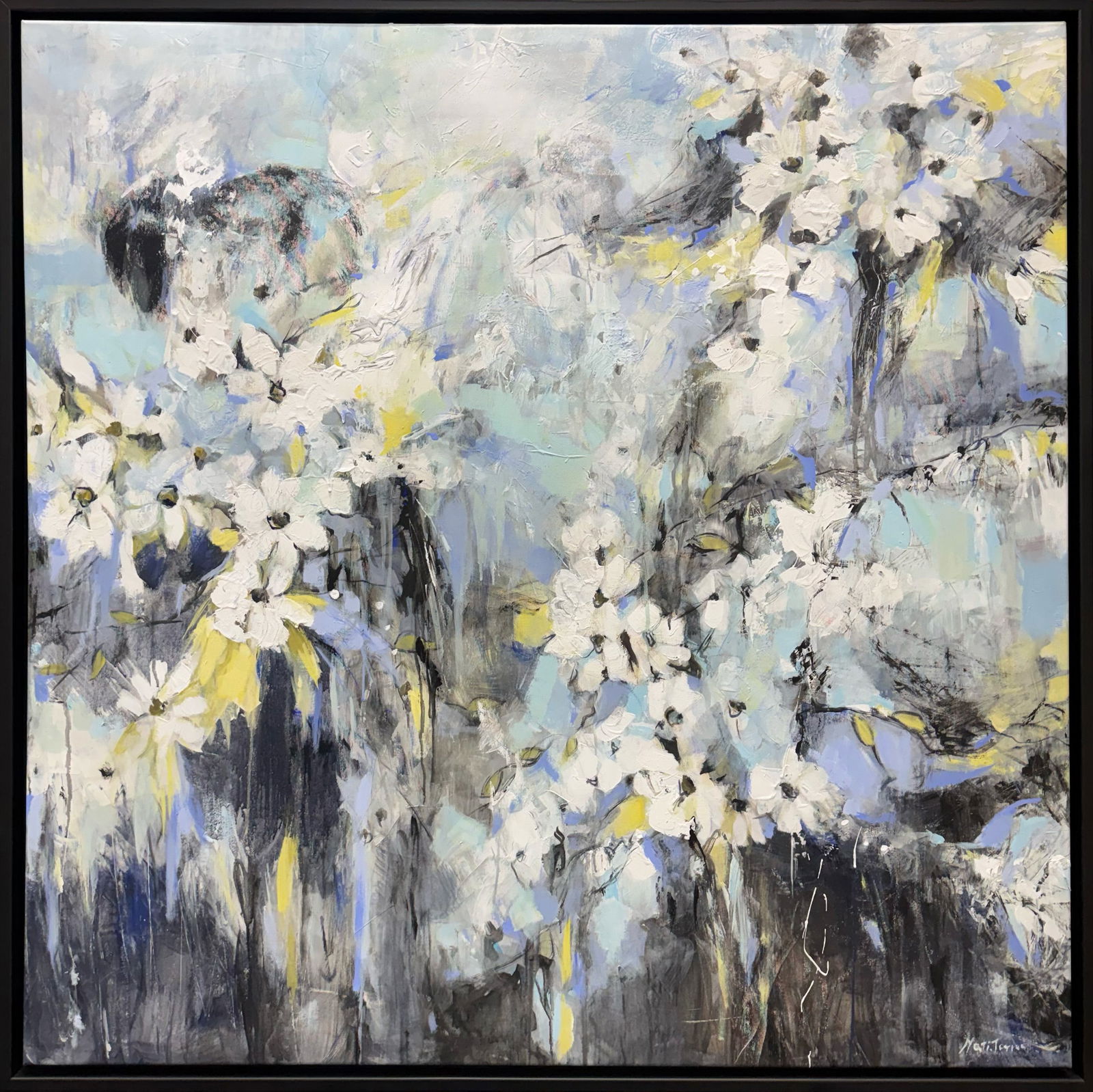 Nati Torres 48 H x 48 W Original Floral Painting: Artist: Nati Torres Title: White Flowers Medium: Oil on Canvas Artwork Size: 47 h x 47 w Framed Size: 48 h x 48 w x 2 d Weight: 14 lbs. Edition: Original Signature: Front, bottom right corner Artwork