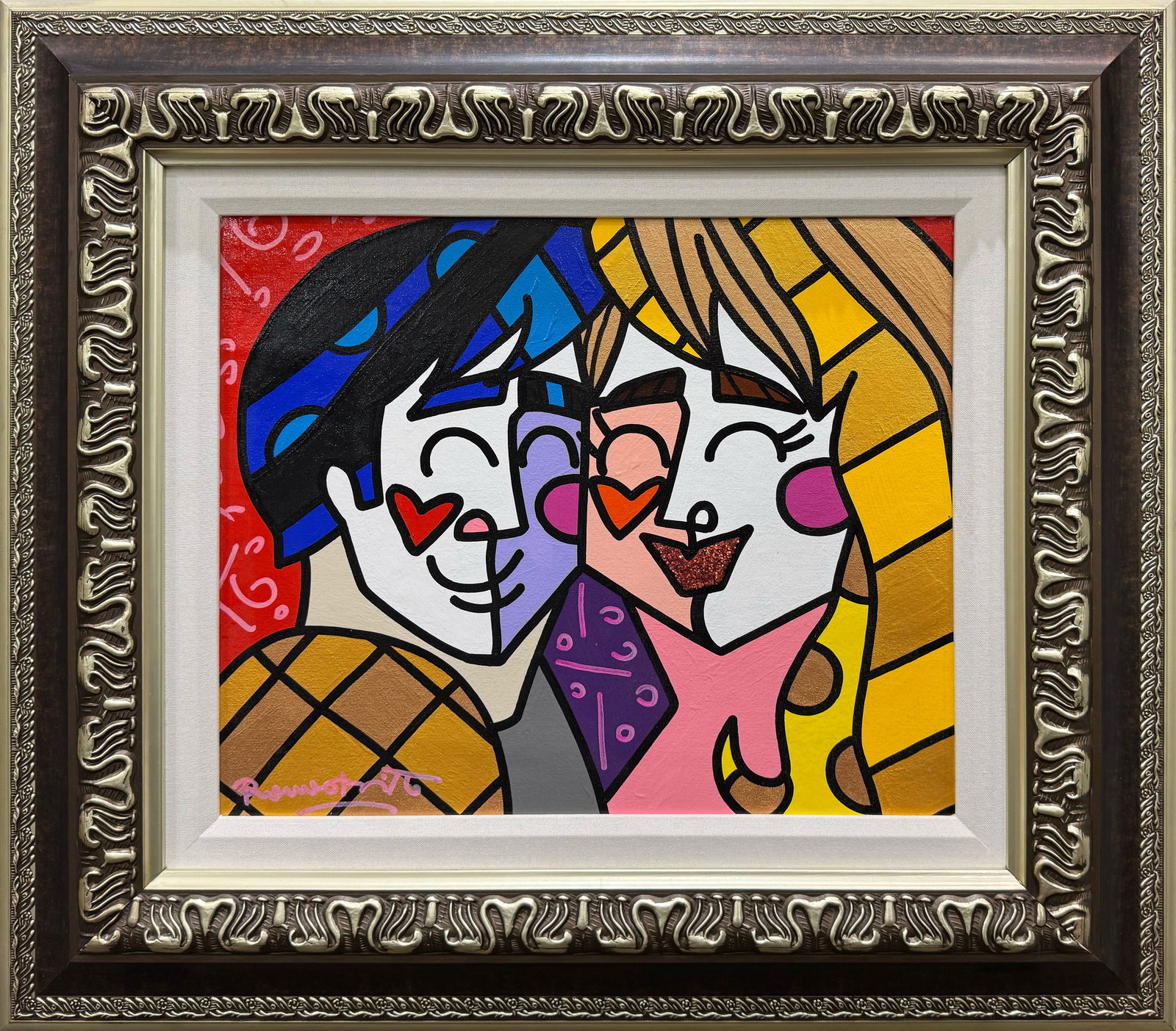 Romero Britto 25.5 H x 28.5 W Original Figurative Painting: Artist: Romero Britto (1963 - ) Brazilian Title: Happy Medium: Acrylic on Canvas Artwork Size: 15.5 H x 17.5 W Framed Size: 25.5 H x 28.5 W x 2 D Weight: 13 lbs. Edition: Original Signature: Signed i