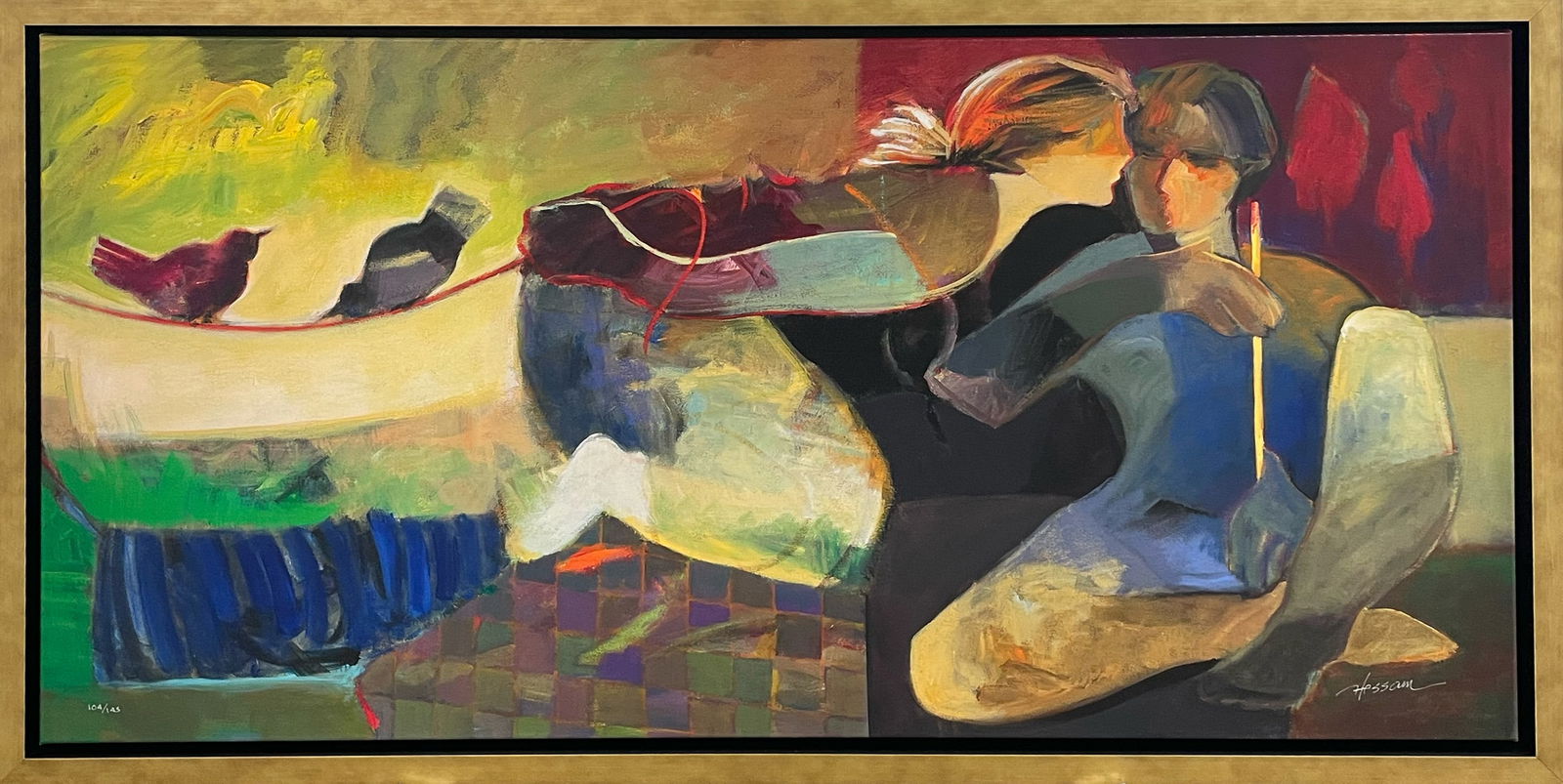 Hessam Abrishami 27 H x 51 W Framed LE on Canvas: Artist: Hessam Abrishami (b.1951-) Iranian Title: Love Birds Medium: Giclee on Canvas Canvas Size: 24H x 48 W Frame Size: 27H x 51 W Edition: 104/145 Weight: 12.4 lbs.Signature: Front, bottom right c