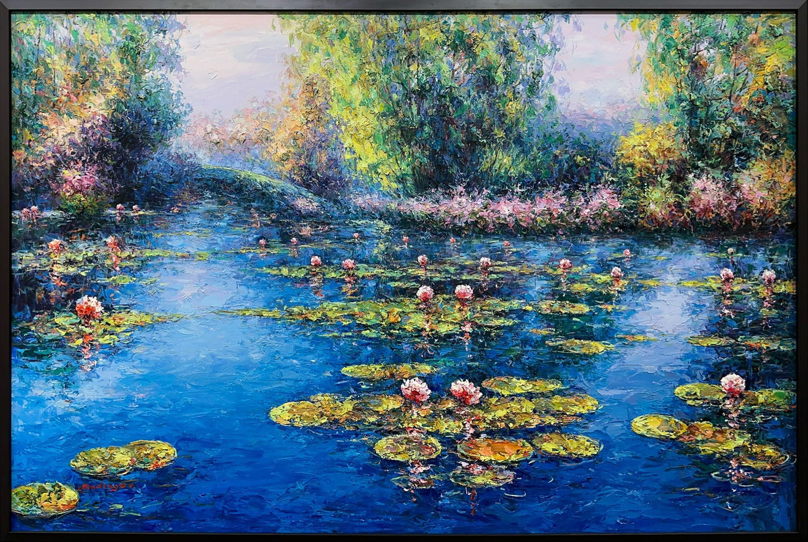 Rodrigo 49.75 H x 73.75 W Original Landscape Painting: Artist: Rodrigo Title: The Poetry of Lily Pads Medium: Oil on Canvas Canvas Size: 48 H x 72 W Framed Size: 49.75 H x 73.75 W x 1.75 D Weight: 20 lbs. Edition: Original Signature: Signed in bottom lef