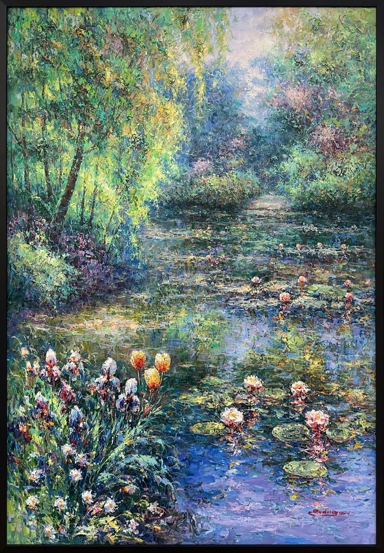 Rodrigo 73.75 H x 49.75 W Original Landscape Painting: Artist: Rodrigo Title: Song of the Lillies Medium: Oil on Canvas Canvas Size: 72 H x 48 W Framed Size: 73.75 H x 49.75 W x 1.75 D Weight: 20 lbs. Edition: Original Signature: Signed in bottom left co