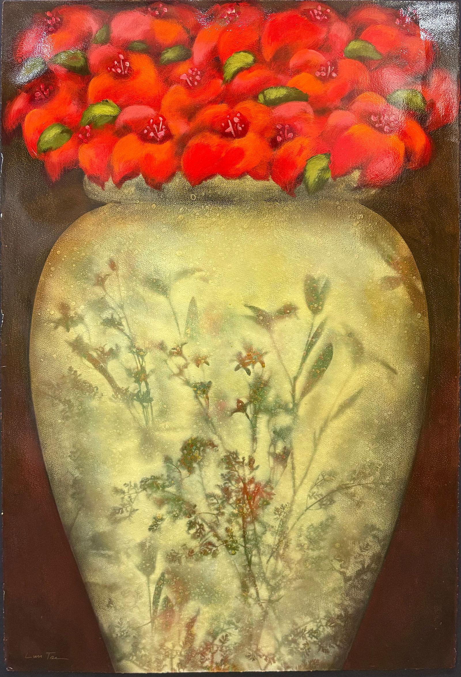 Lun Tse 44 H x 30 W Original Floral Painting: Artist: Lun Tse (b. 1964 - ) Chinese Title: Red Flower Bouquet I Medium: Oil on Paper Artwork Size: 44 H x 30 W Item Weight: 1 lbs. Edition: Original Signature: Signed in bottom left corner Artwork i