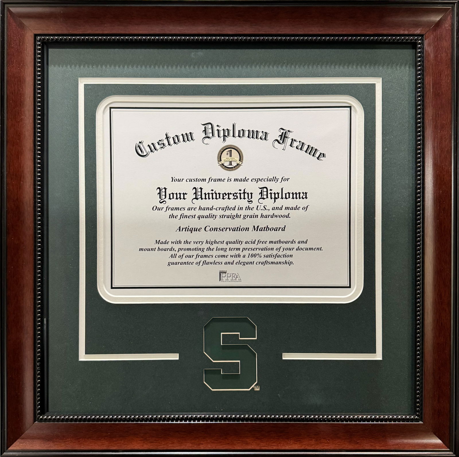 State Frame 18.75 H x 19 W: Title: State Frame Frame Size: 18.75 h x 19 w x 1 d Weight: 5 lbs. A ready-made diploma frame designed specifically for Michigan State University diplomas. Copyright 2025 Art Leaders Gallery | All Rig