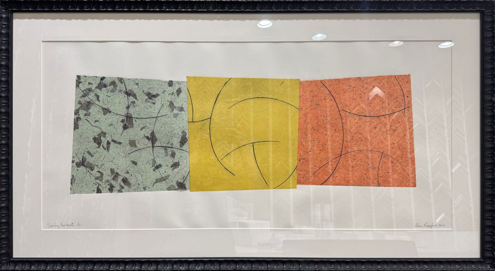 Ron Rumford 29 H x 52.5 W Framed Abstract on Paper: Artist: Ron Rumford Title: Swing Circuit Medium: Mixed Media on Paper Artwork Size: 12 h x 36.75 w Framed Size: 29 h x 52.5 w x 1.5 d Weight: 12 lbs. Edition: Monotype 1/1 Signature: Front, bottom rig