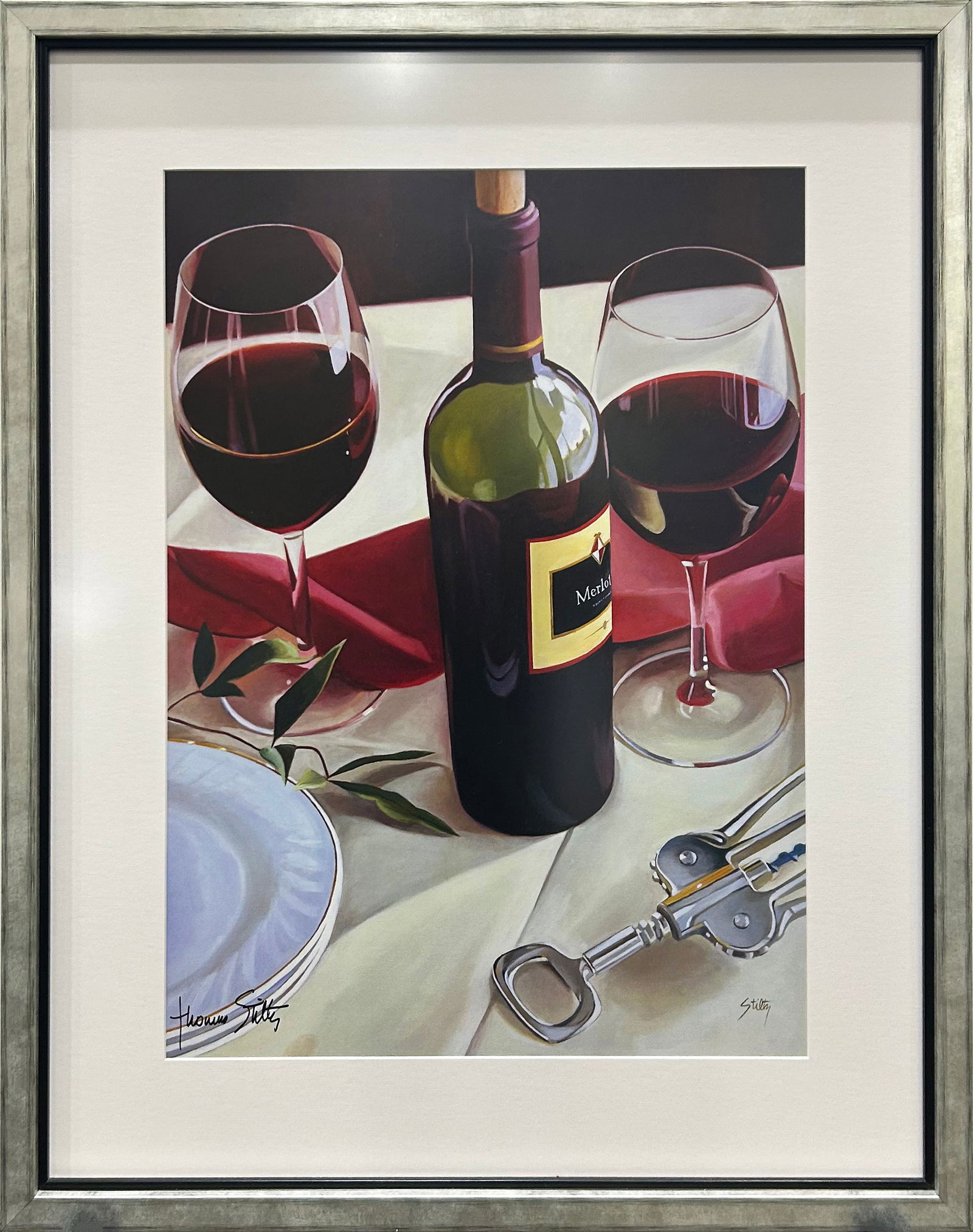 Thomas Stiltz 32.5 H x 26.25 W Handsigned Framed Red Wine Still Life Poster: Artist:Thomas Stiltz (b.1948-) American Title: Sharing Wine (Red) Poster Medium: Paper poster Artwork Size: 23.5 H x 17.5 W Framed Size: 32.5 H x 26.25 W x 1.25 D Edition: Unlimited Edition Weight: 2