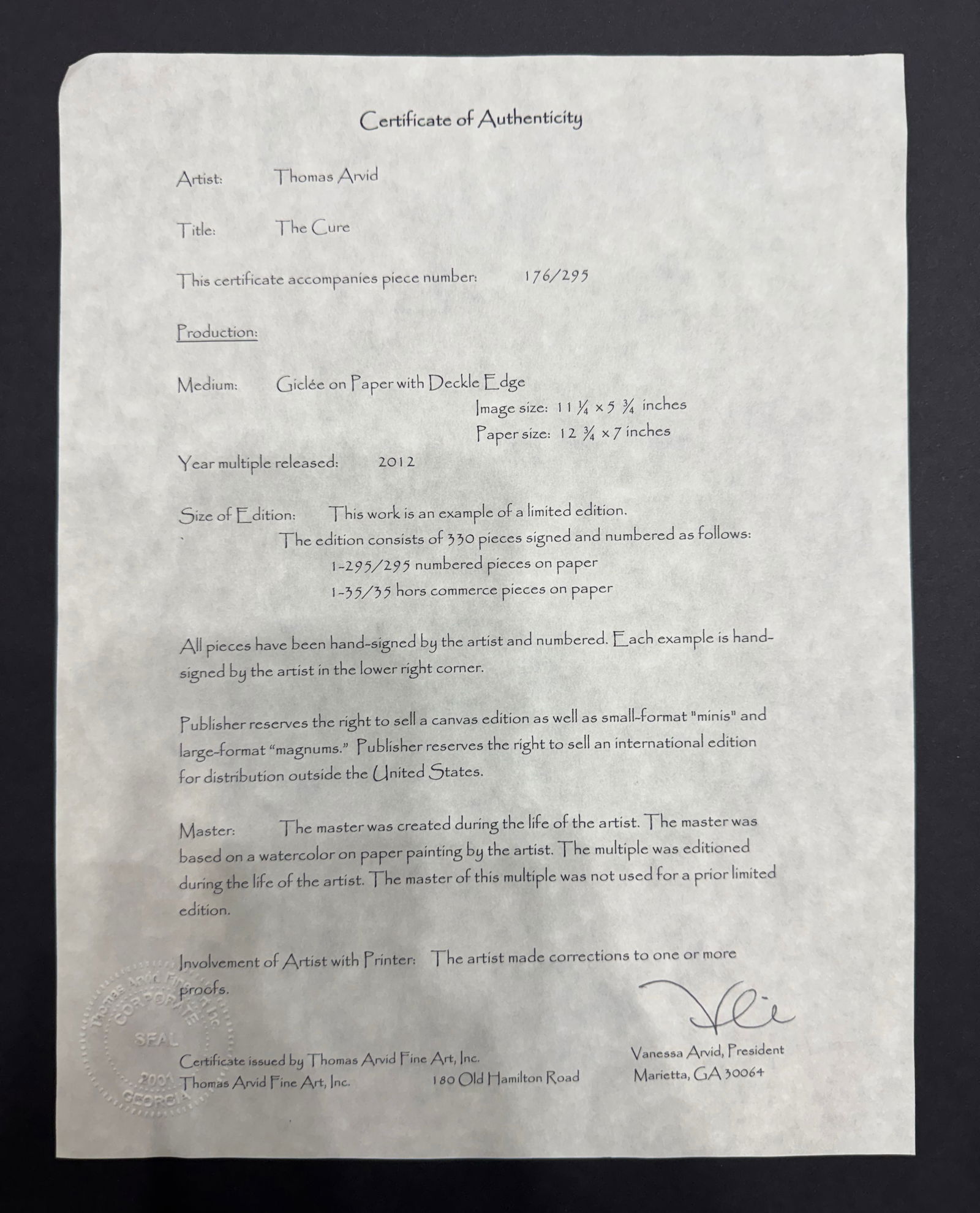 Thomas Arvid 19 H x 15 W Framed Signed and Numbered LE - 10