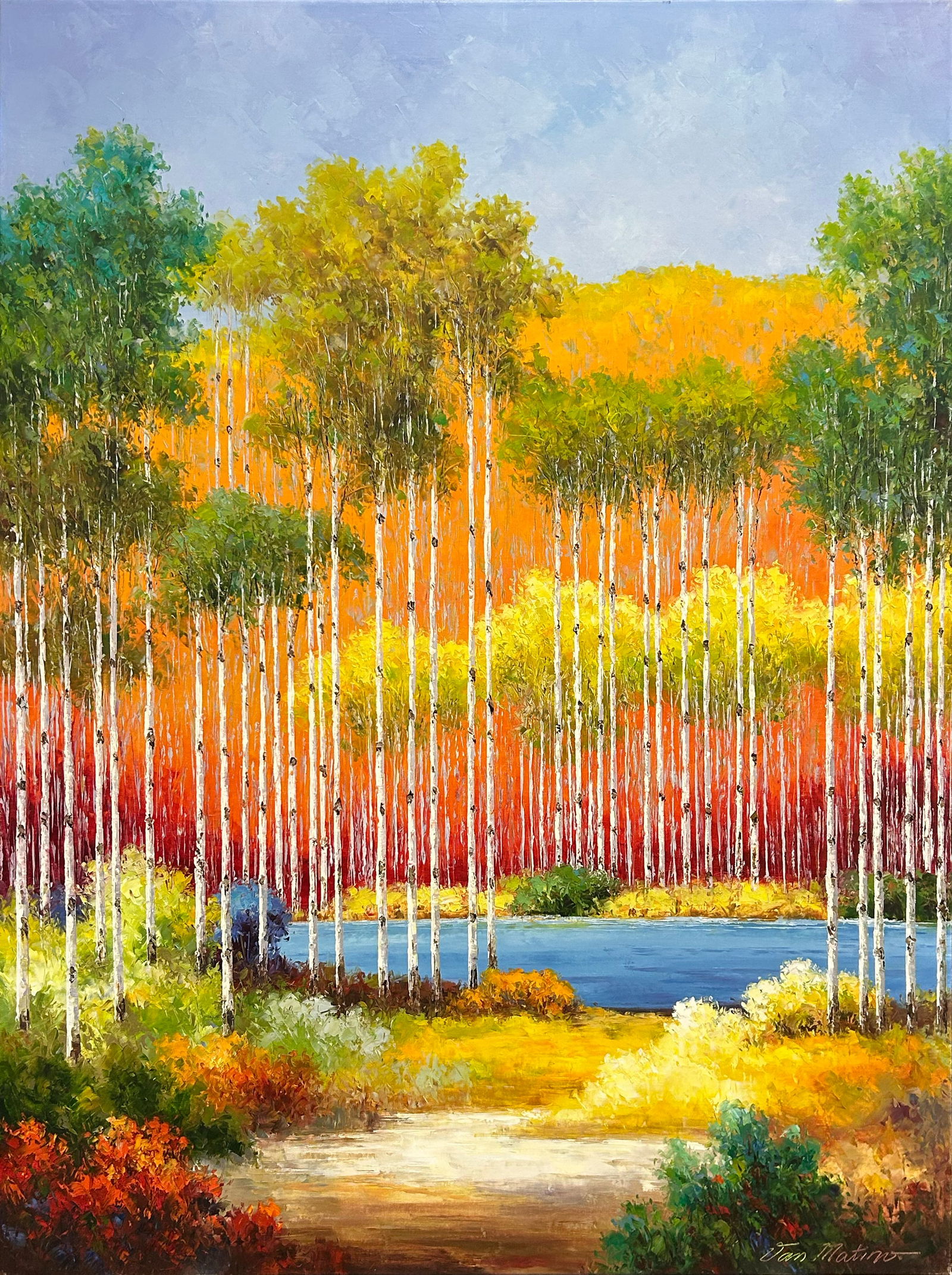 Van Matino 48 H x 36 W Original Landscape Painting: Artist: Van Matino (b.1955) Korean Title: In Living Color II Medium: Oil on Canvas Canvas Size: 48 H x 36 W x 1 D Edition: Original Signature: Signed on bottom right corner. Gallery certificate of au