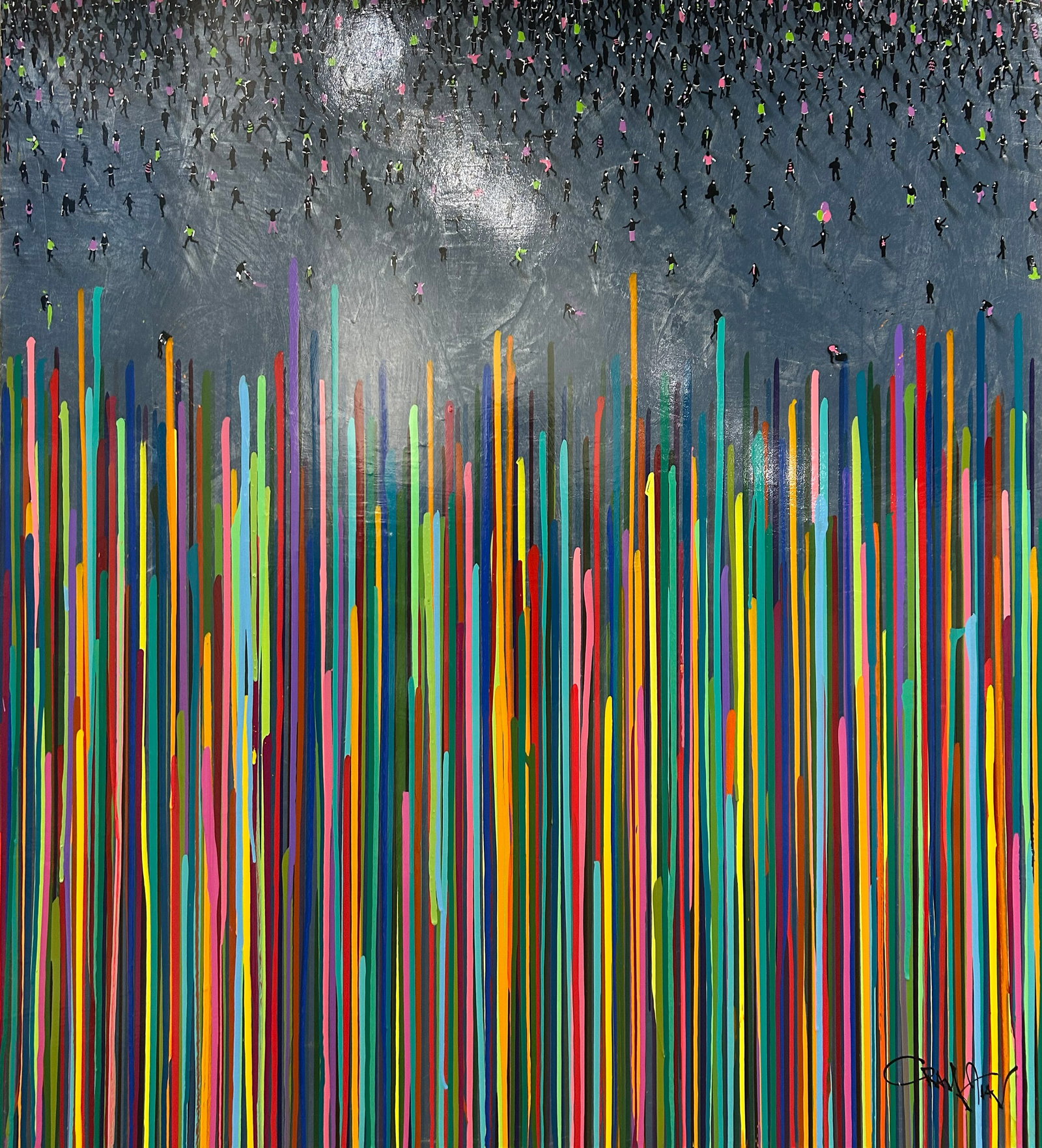 Craig Alan 48" H x 48" W Original Figures with Paint Drips Painting: Artist: Craig Alan (1971 - ) American Title: Sunny Striations Medium: Mixed Media on Wood Artwork Size: 48" H x 48" W x 2.25" D Weight: 31 lbs. Edition: Original Signature: Signed in bottom right corn
