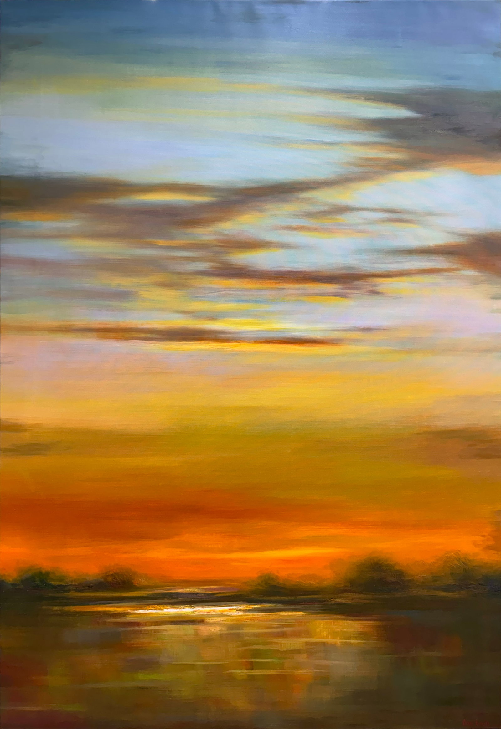 Ann Louis 69" H x 45" W Sunset Original Landscape Painting: Artist: Ann Louis Title: New Horizon IV Medium: Oil on Canvas Artwork Size: 69" H x 45" W x 2" D Weight: 11 lbs. Edition: Original Signature: Front, bottom right corner Certificate of authenticity and