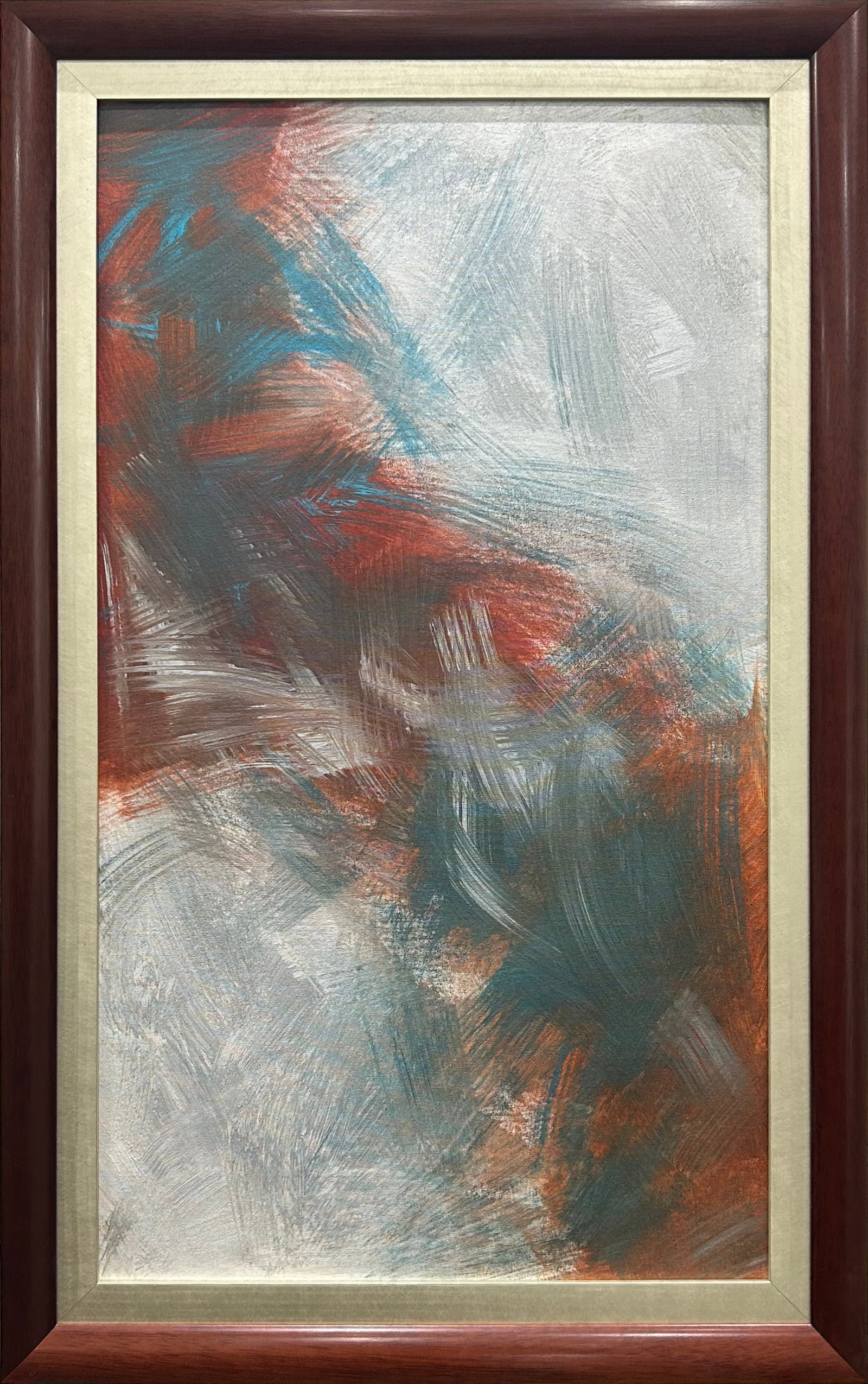 41.25" H x 25.25" W Red and Green Framed Original Abstract Painting: Artist: Unknown Title: Untitled Medium: Acrylic on Canvas Canvas Size: 36" H x 20" W Framed Size: 41.25" H x 25.25" W x 1.25" D Weight: 7 lbs. Edition: Original Artwork is framed in a solid wood fram