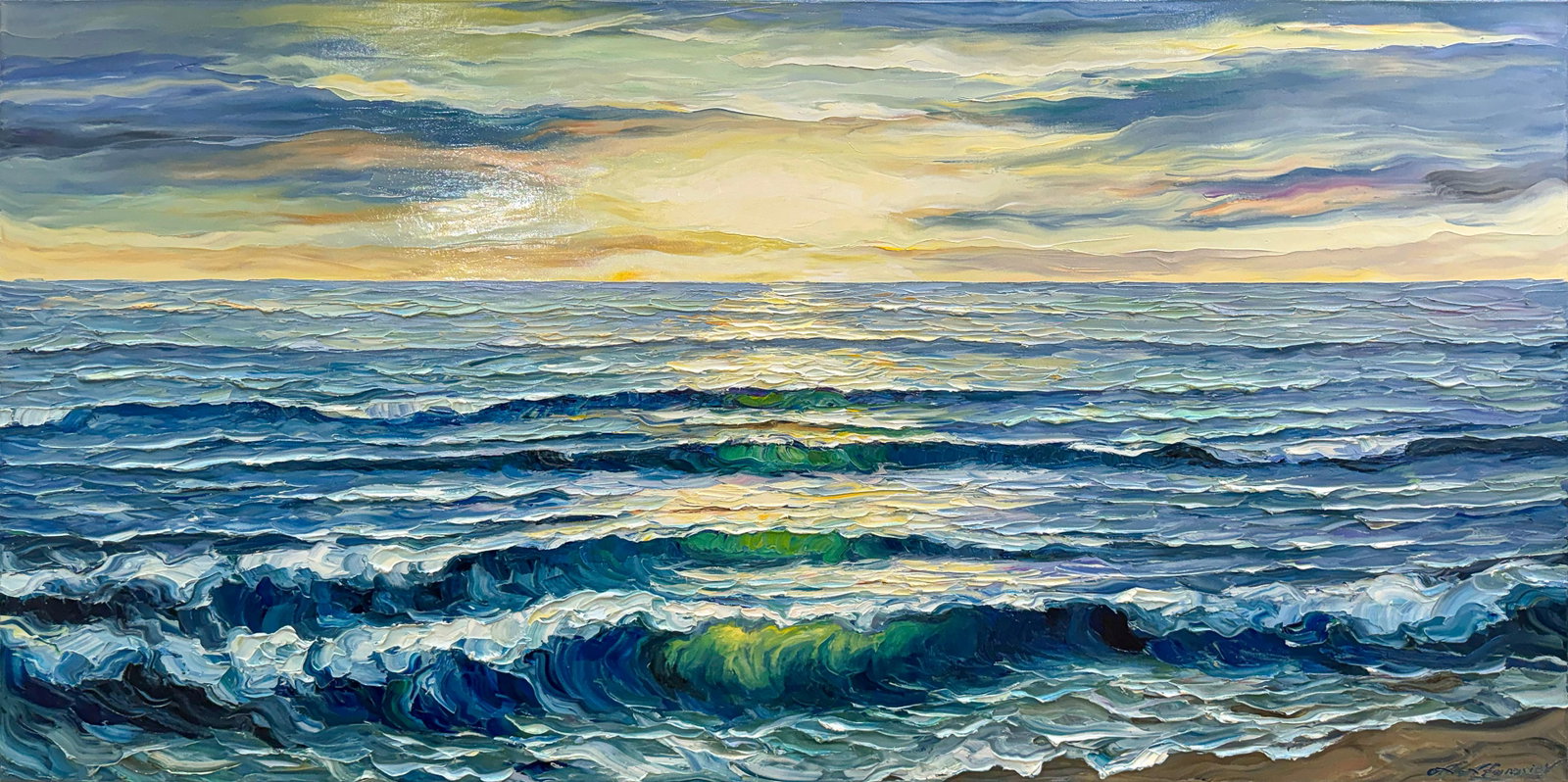 Andrii Afanasiev 36" H x 72" W Framed Original Seascape Painting: Artist: Andrii Afanasiev (b.1977-) Ukrainian Title: Gentle Waves Medium: Oil on Canvas Canvas Size: 36" H x 72" W x 1.5" D Weight: 15 lbs. Edition: Original Signature: Front, bottom right corner Certi