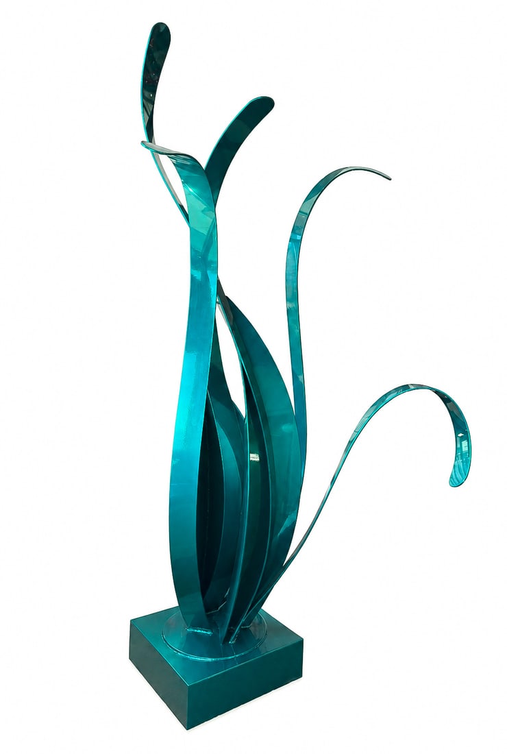 GEM 98" H x 36" W Original Steel Sculpture: Artist: GEM Title: Emerald Sway Medium: Powder Coated Steel Artwork Size: 98" H x 36" W x 52" D Weight: Approx. 200 lbs. Edition: Original This graceful abstract sculpture evokes the elegance of organ