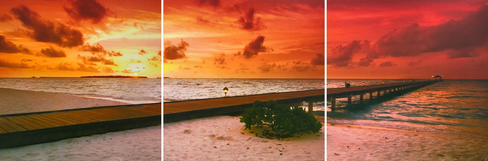 Photographic Triptych 23.75” H x 23.75” W Sunset Pier Scene: Artist: Unknown Title: Untitled Sunset Pier Triptych Medium: Print on Panel Artwork Size: 23.75” H x 23.75” W x 1” D each panel Item Weight: 7 lbs. each panel Signature: Unsigned Edi