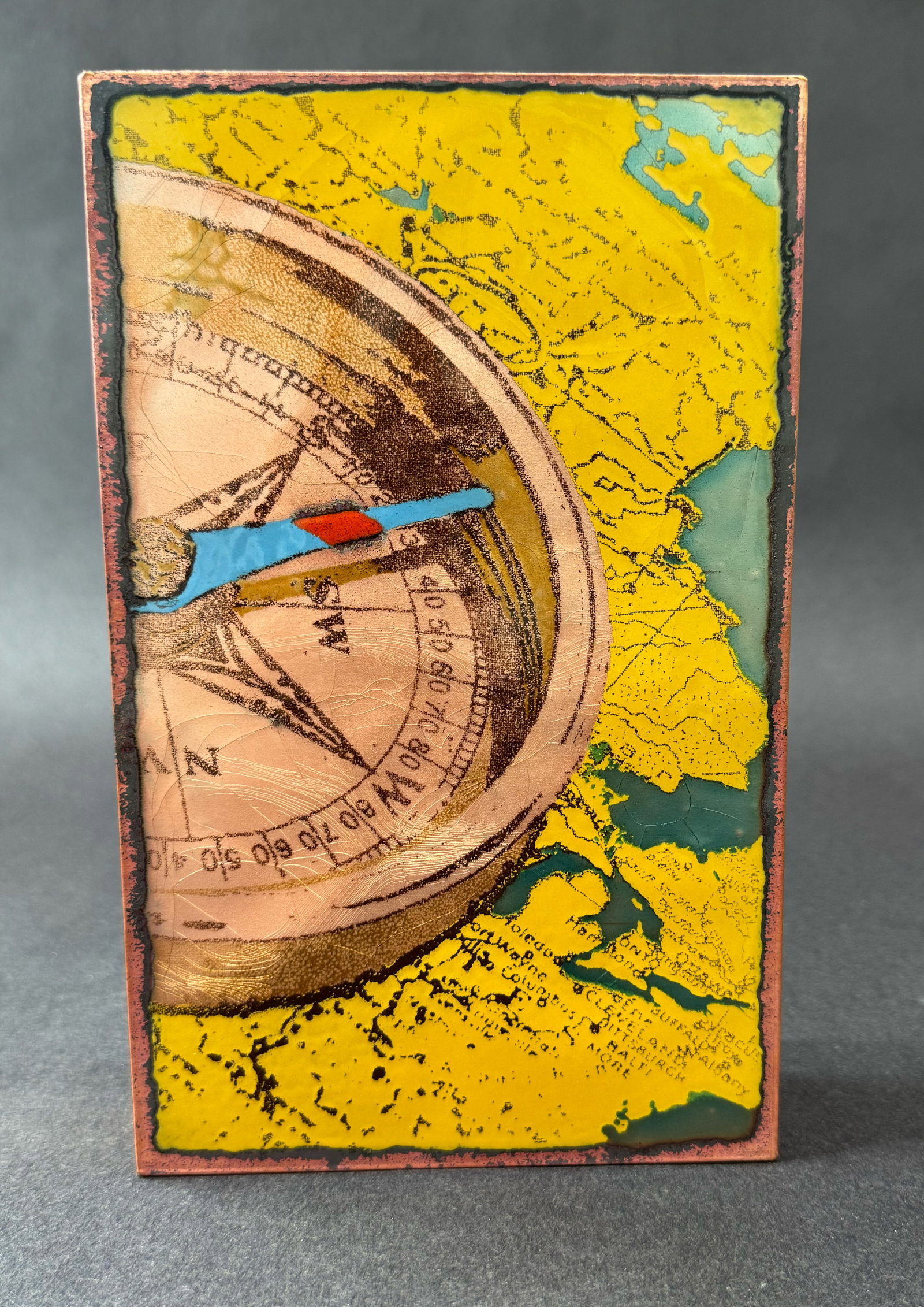 Houston Llew 8.5" H x 5.25" W Retired Spiritile 224: Dreambound: Artist: Houston Llew (b. 1980s) American Title: 224: Dreambound Medium: Copper and Enamel on Wood Artwork Size: 8.5 H x 5.25 W x 1.75 D Weight: 2.5 lbs. This adventurous mixed-media artwork combines a