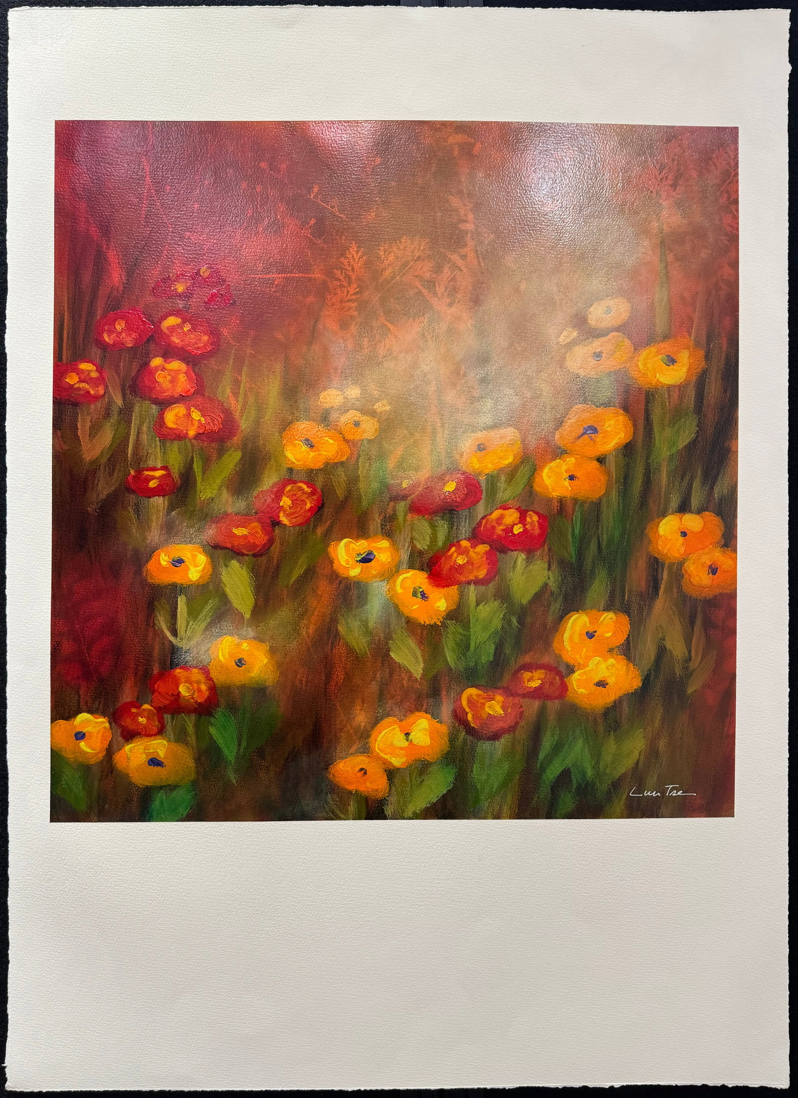Lun Tse 24" H x 24" W Original Floral Painting: Artist: Lun Tse (b. 1964 - ) Chinese Title: Flowers in the Mist III Medium: Oil on Paper Artwork Size: 24" H x 24" W x 0.1" D Item Weight: 1 lbs. Edition: Original Signature: Signed in bottom left cor