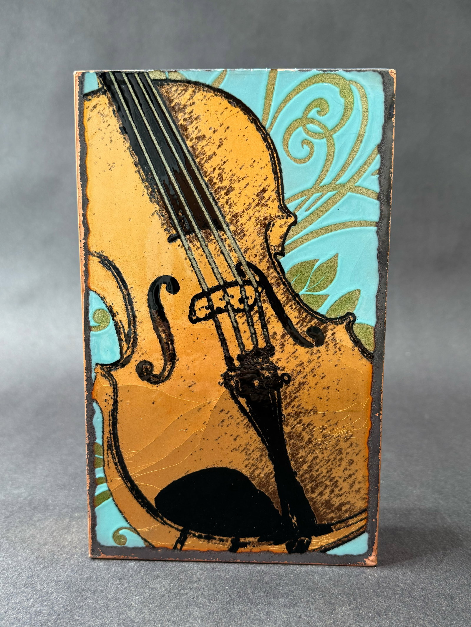 Houston Llew 8.5" H x 5.25" W Retired Spiritile 230: Euphony: Artist: Houston Llew (b. 1980s) American Title: 230: Euphony RETIRED Medium: Copper and Enamel on Wood Artwork Size: 8.5 H x 5.25 W x 1.75 D Weight: 2.5 lbs. Edition: Open This charming mixed-media